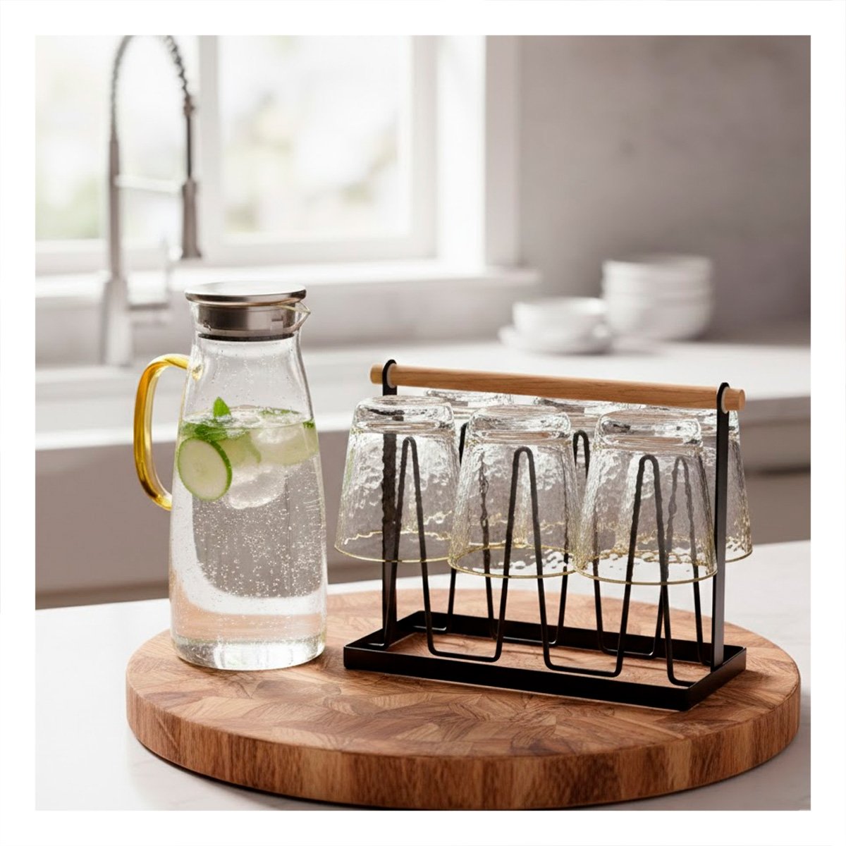 PORTA VASOS MODERNO 6 RAMAS NEGRO CON MANGO DE MADERA Y+PAPEL REGALO - 3