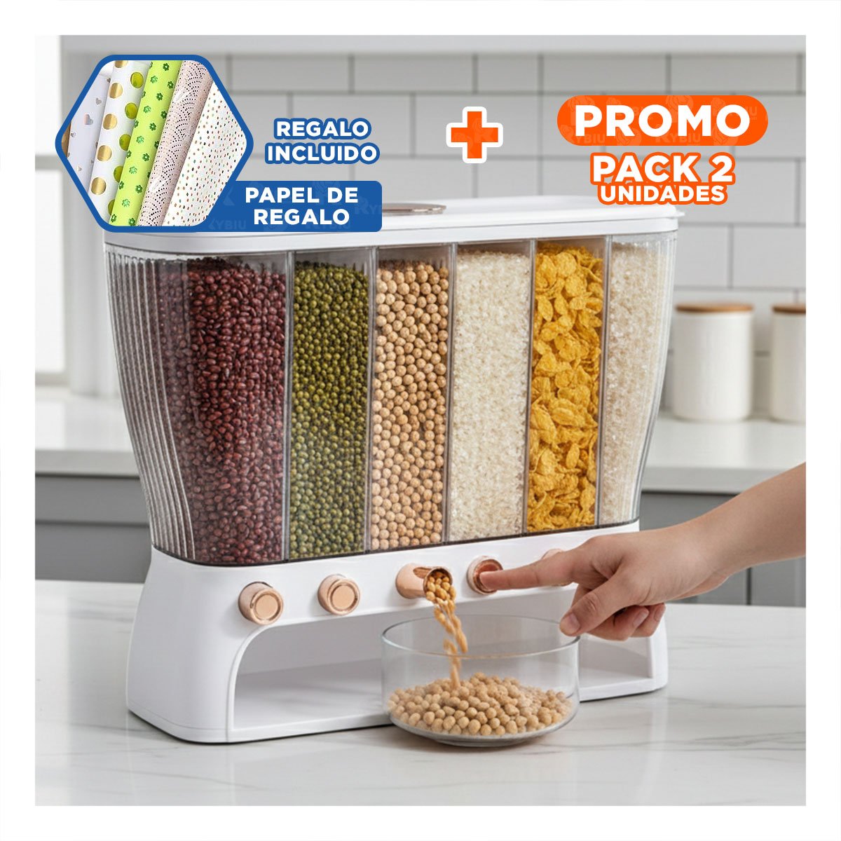 PACK2 ORGANIZADOR DE GRANOS COLOR BLANCO Y DORADO CON 6 DIVISIONES Y+PAPEL REGALO - 1