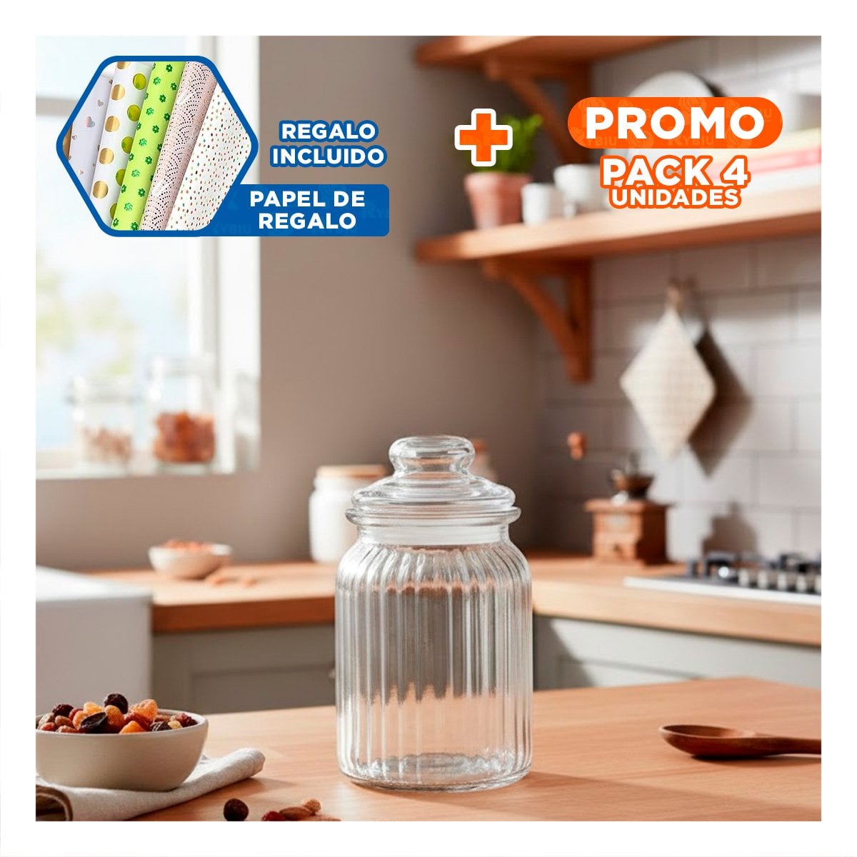 PACK4 RECIPIENTE DE GRANO 1020ML TRANSPARENTE A RAYAS DE GRAN ACTIVO REAL Y+PAPEL REGALO - 1