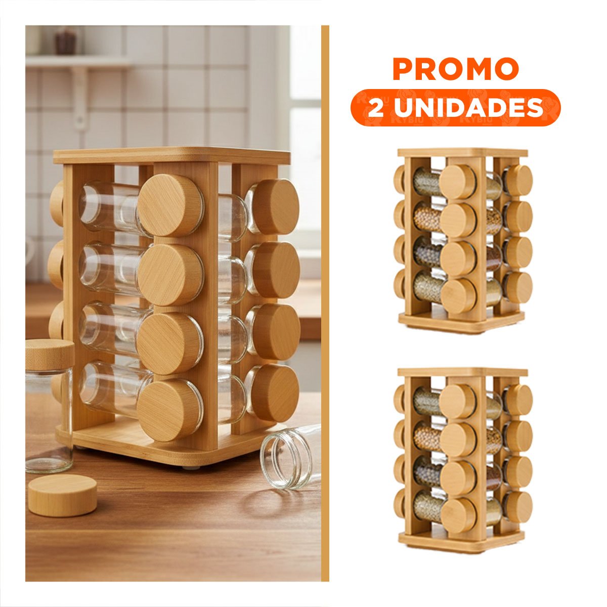 PACK2 SOPORTE PARA ESPECIAS CUADRADO CON 16 FRASCOS EN MADERA - 1