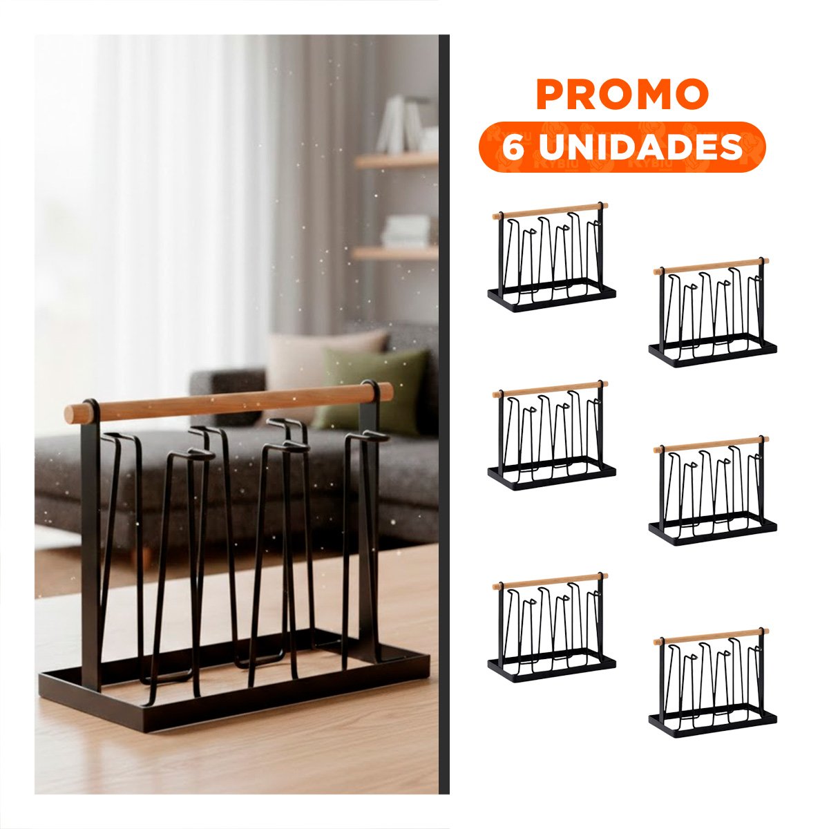PACK6 SOPORTE PORTA TAZAS 6 RAMAS NEGRO CON MANGO DE MADERA - 1