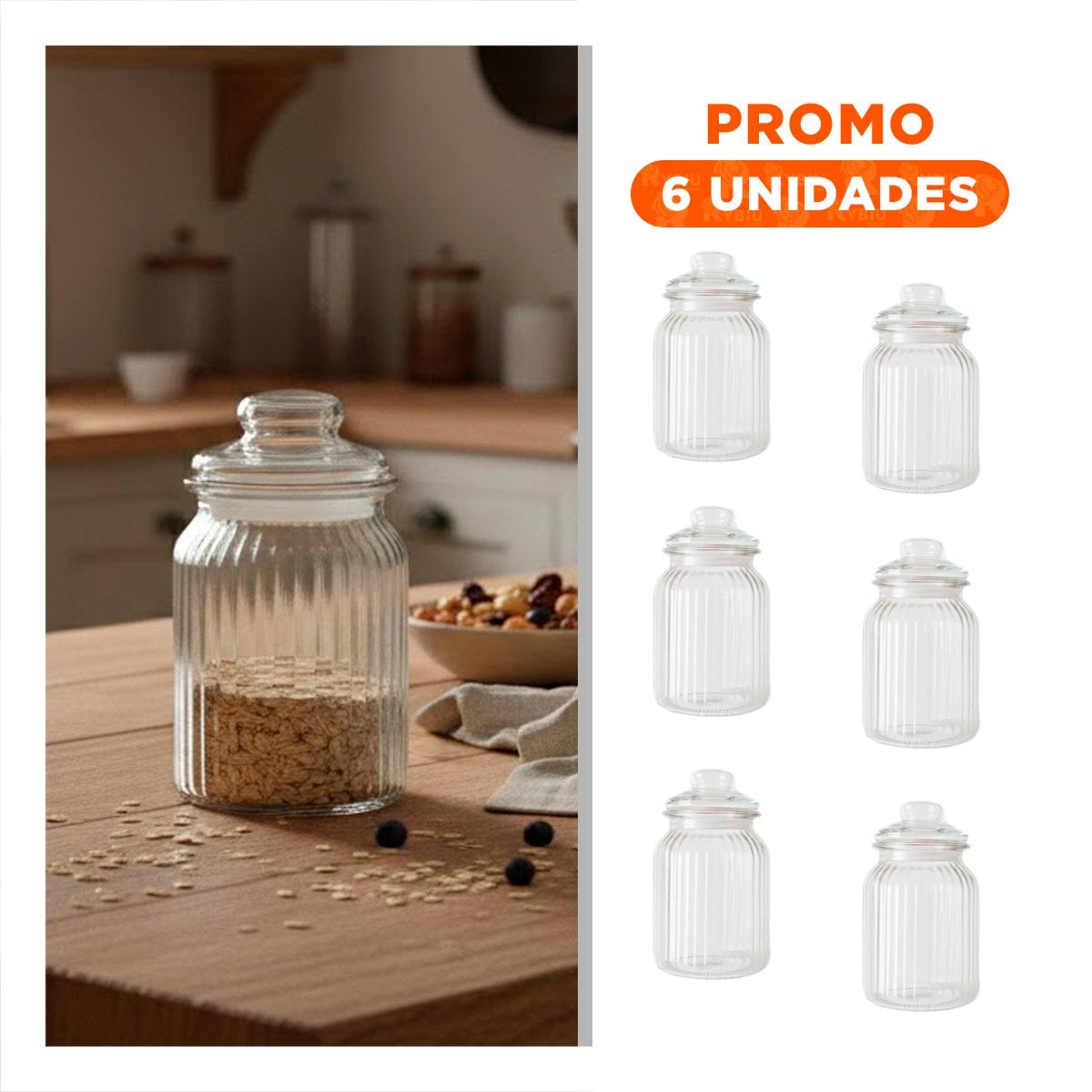 PACK6 BOTELLA DE VIDRIO 1020ML TRANSPARENTE CON RAYAS PARA MANOS CON MANEJO - 1