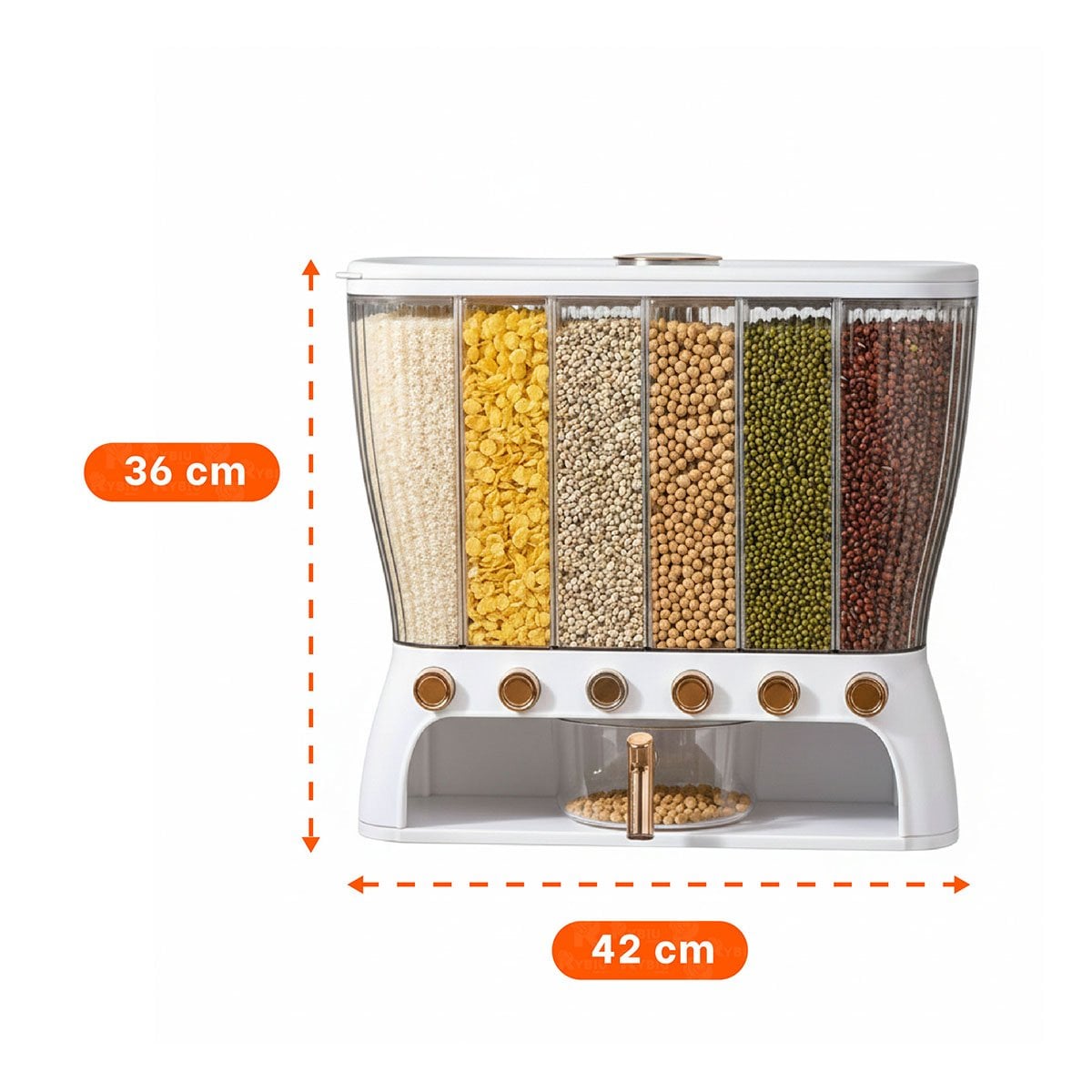 CONTENEDOR HERMETICO DE GRANOS 6 DIVISIONES COLOR BLANCO Y DORADO - 4