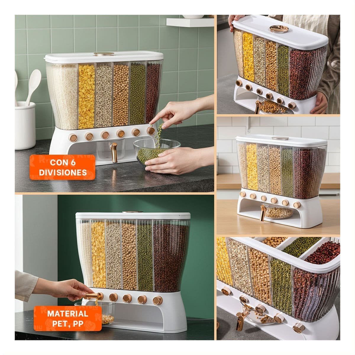 CONTENEDOR HERMETICO DE GRANOS 6 DIVISIONES COLOR BLANCO Y DORADO - 5