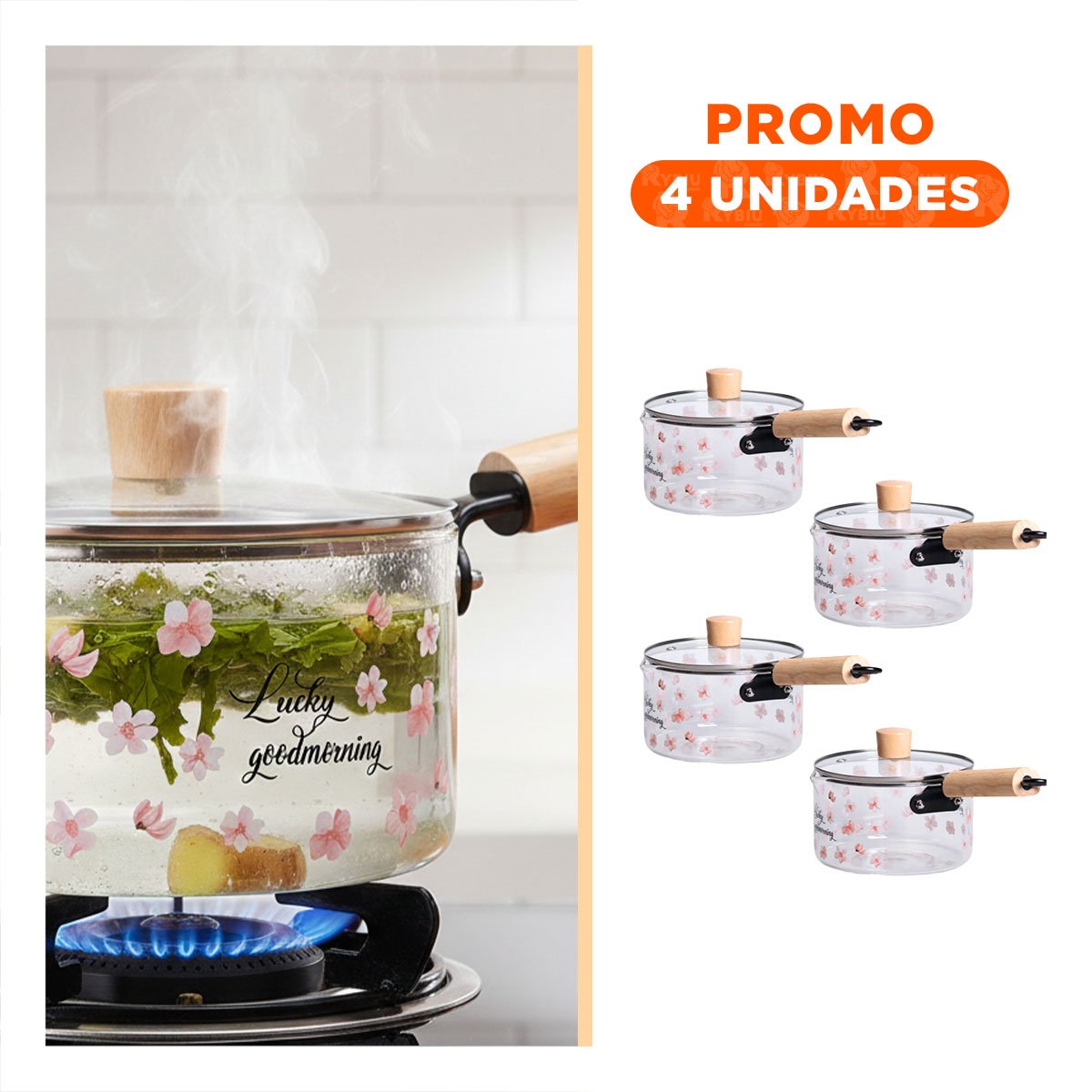 PACK4 VASIJA RESISTENTE AL CALOR PARA MESA Y HOGAR TRANSPARENTE FLORES Y+REGALO STICKER - 1