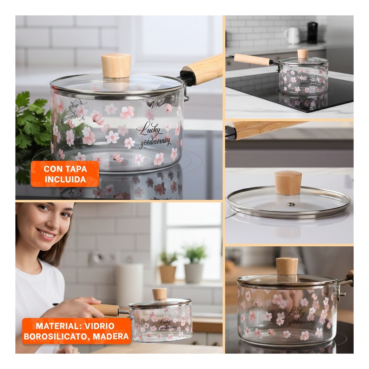 PACK4 VASIJA RESISTENTE AL CALOR PARA MESA Y HOGAR TRANSPARENTE FLORES Y+REGALO STICKER - 2