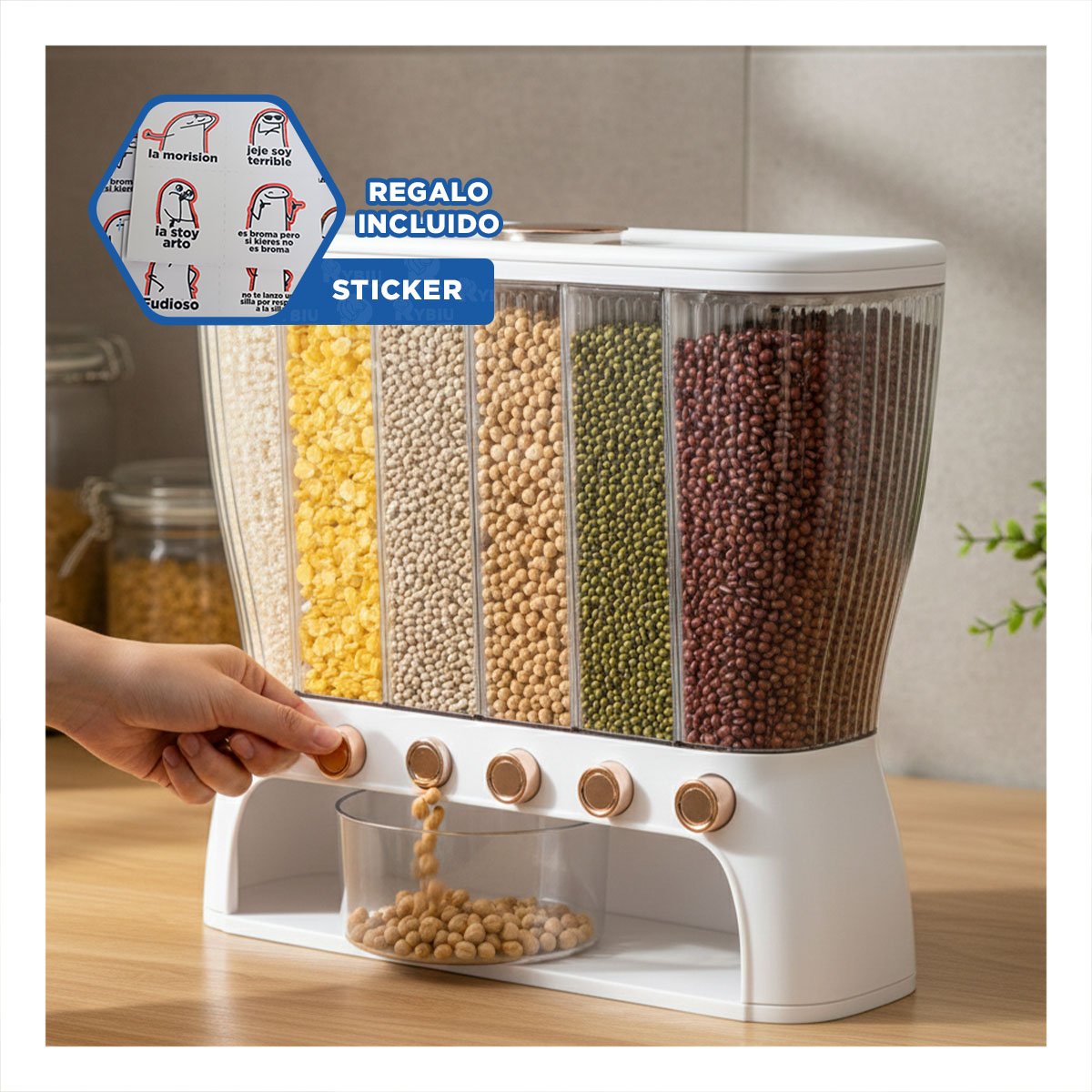 DISPENSADOR DE CEREALES RECTANGULAR 6 DIVISIONES COLOR BLANCO Y DORADO Y+REGALO STICKER - 1