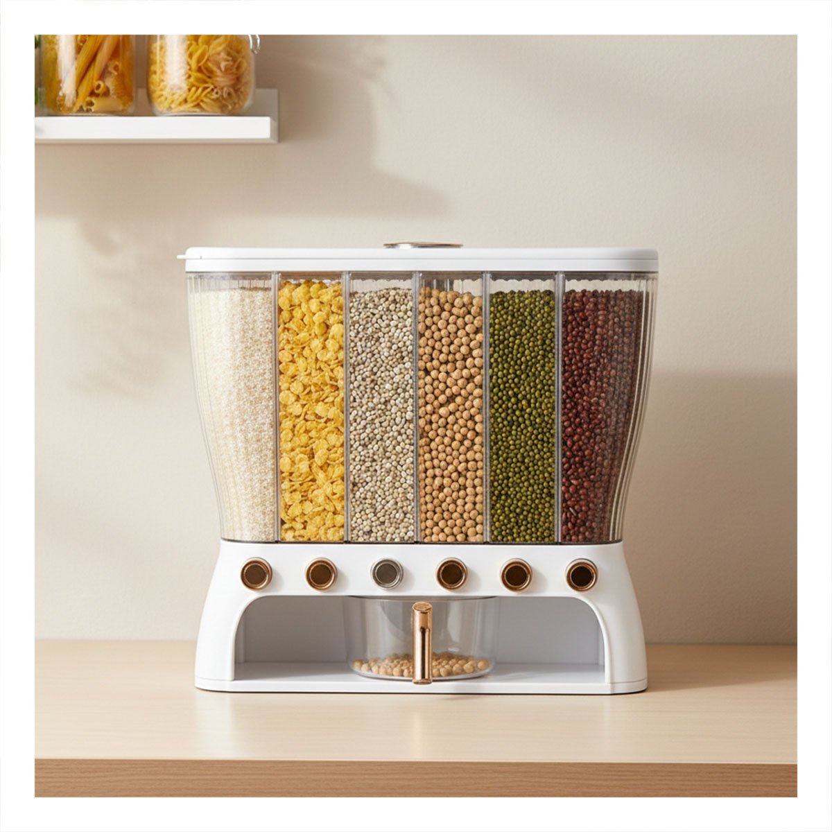 DISPENSADOR DE CEREALES RECTANGULAR 6 DIVISIONES COLOR BLANCO Y DORADO Y+REGALO STICKER - 2
