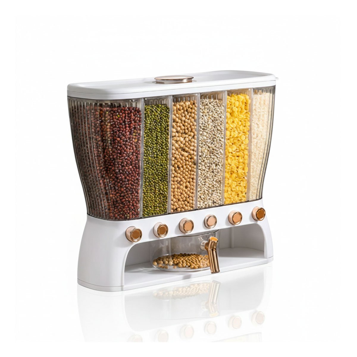 DISPENSADOR DE CEREALES RECTANGULAR 6 DIVISIONES COLOR BLANCO Y DORADO Y+REGALO STICKER - 3