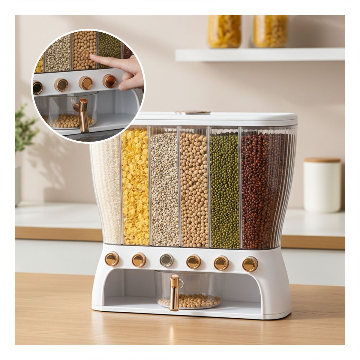DISPENSADOR DE CEREALES RECTANGULAR 6 DIVISIONES COLOR BLANCO Y DORADO Y+REGALO STICKER - 5
