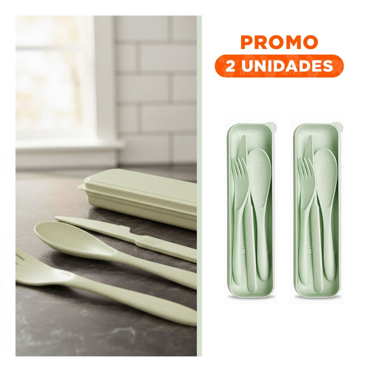 PACK2 CUBIERTOS REUTILIZABLES CON ESTUCHE SET DE 3 PIEZAS VERDE - 1