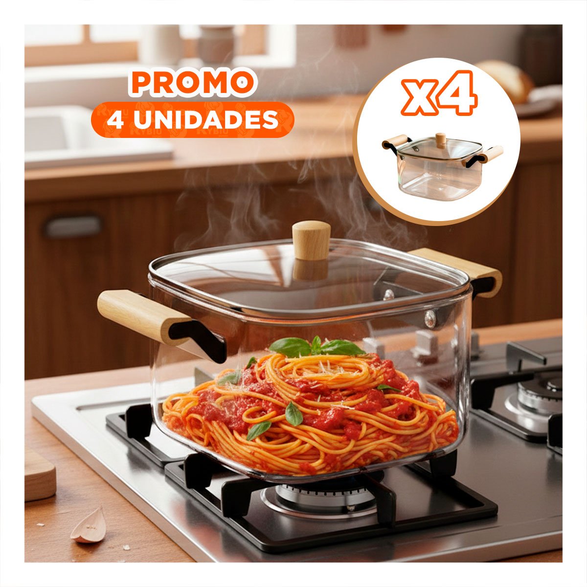 PACK4 HERVIDOR AMPLIO PARA COCINA FAMILIAR CON TAPA DE VIDRIO 3500ML TRANSPARENTE - 1