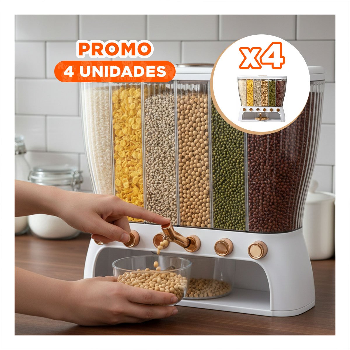 PACK4 RECIPIENTE RECTANGULAR PARA GRANOS 6 DIVISIONES COLOR BLANCO Y DORADO - 1