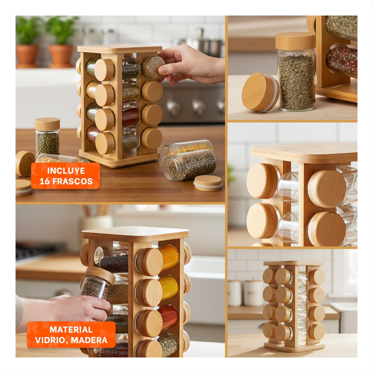 ESPECIERO CUADRADO DE 16 FRASCOS EN MADERA PARA COCINA ORGANIZADA - 5