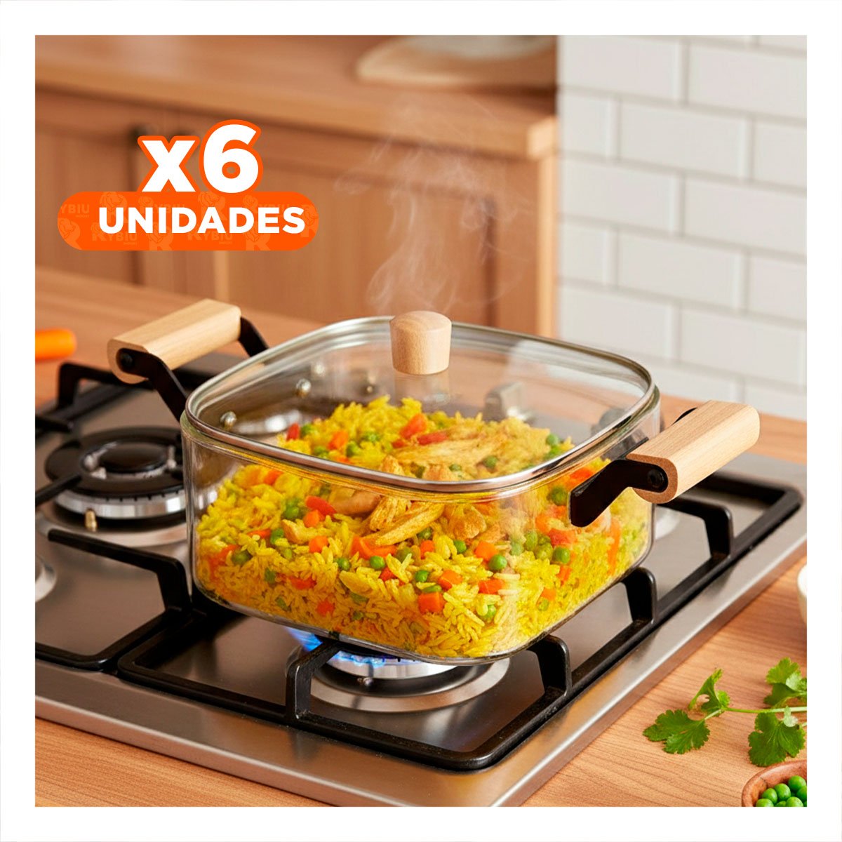 PACK6 ENVASE DE COCINA CON MANGO DE MADERA NATURAL 3500ML TRANSPARENTE Y+REGALO STICKER - 1