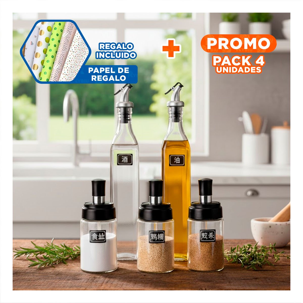 PACK4 KIT 3 CONDIMENTEROS Y 2 ACEITEROS DE PICO TRANSPARENTE PARA COCINA Y+PAPEL REGALO - 1