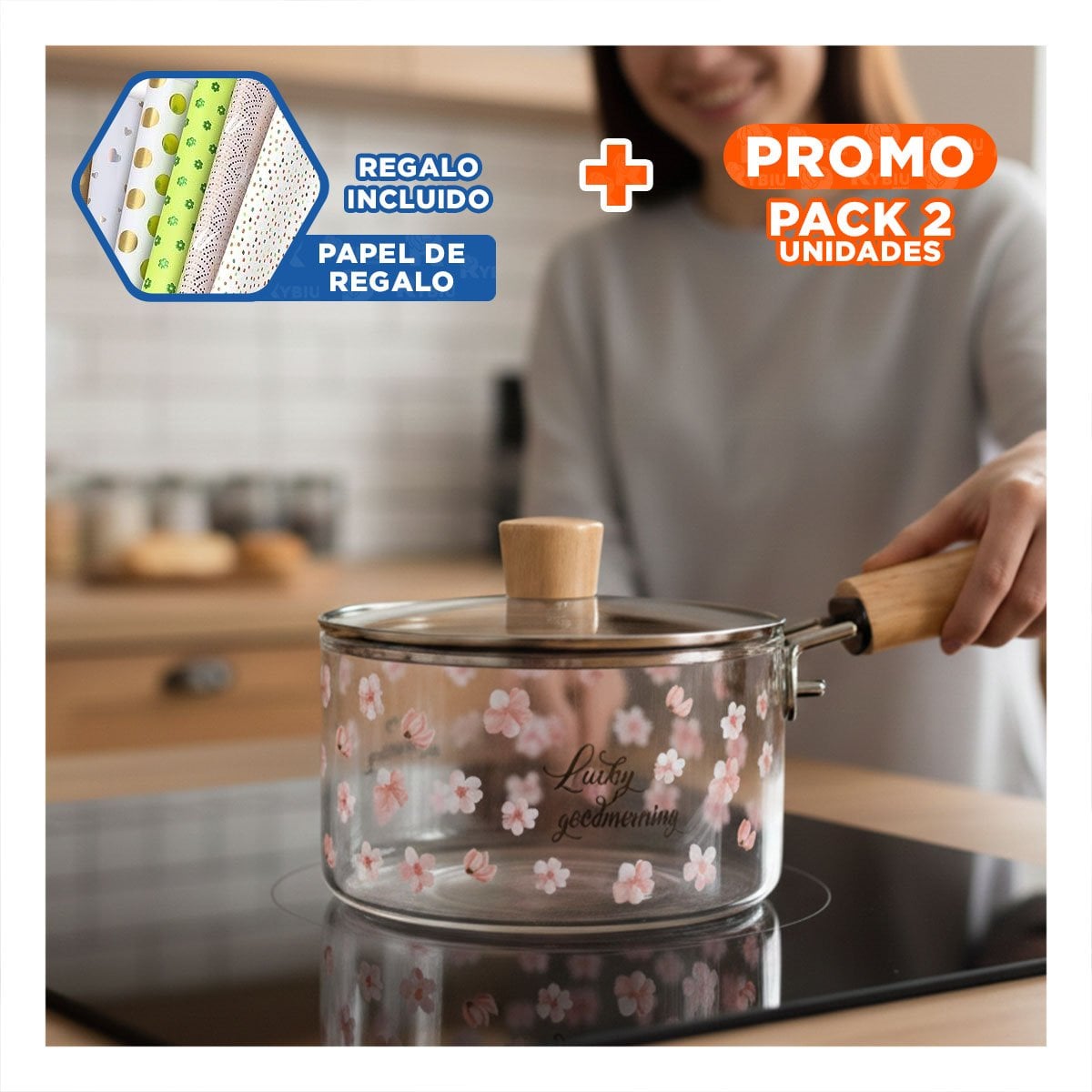 PACK2 CALDERO PARA COCINA LIGERA CON TAPA RESISTENTE TRANSPARENTE FLORES Y+PAPEL REGALO - 1