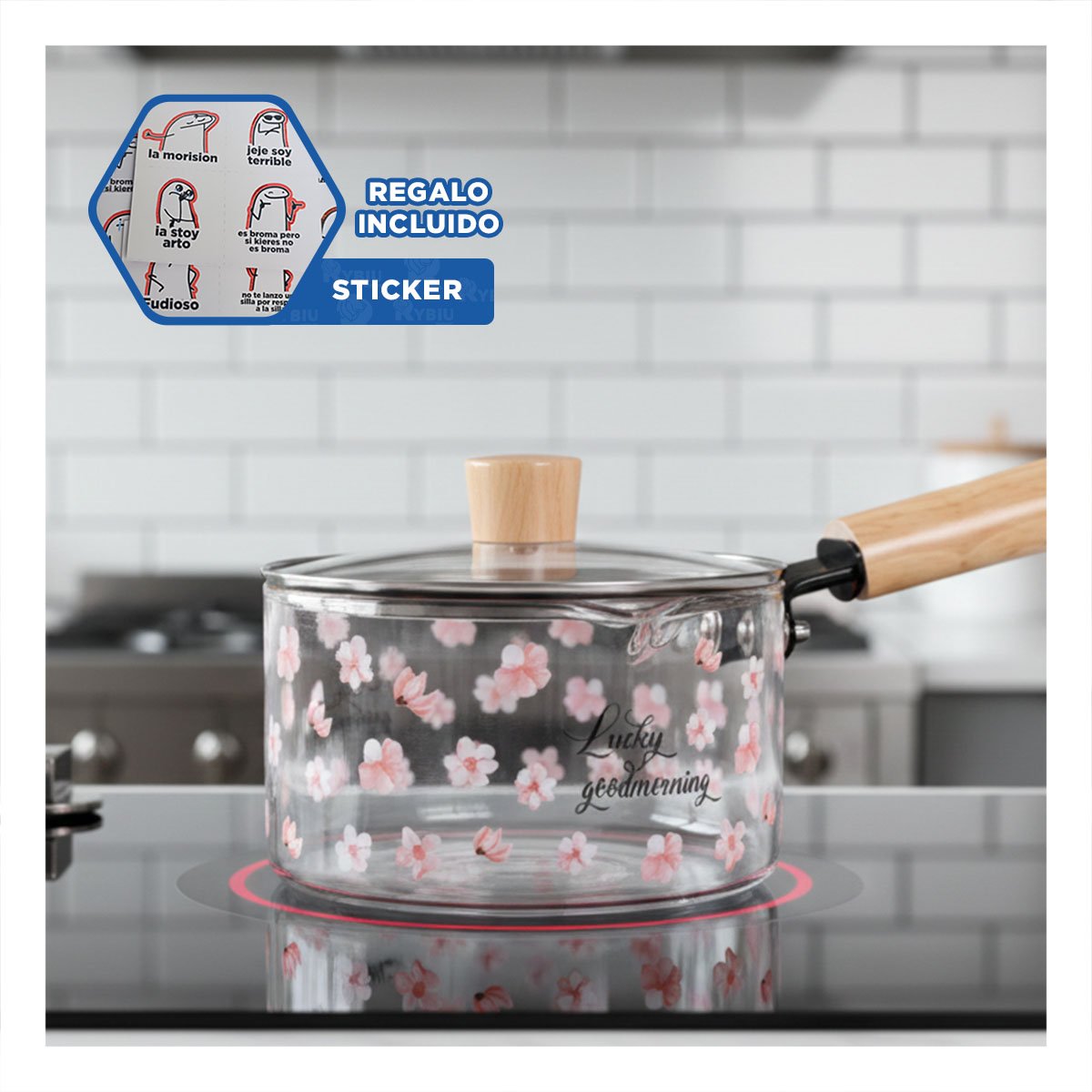 RECIPIENTE DECORATIVO PARA PREPARAR BEBIDAS CALIENTES TRANSPARENTE FLORES Y+REGALO STICKER - 1