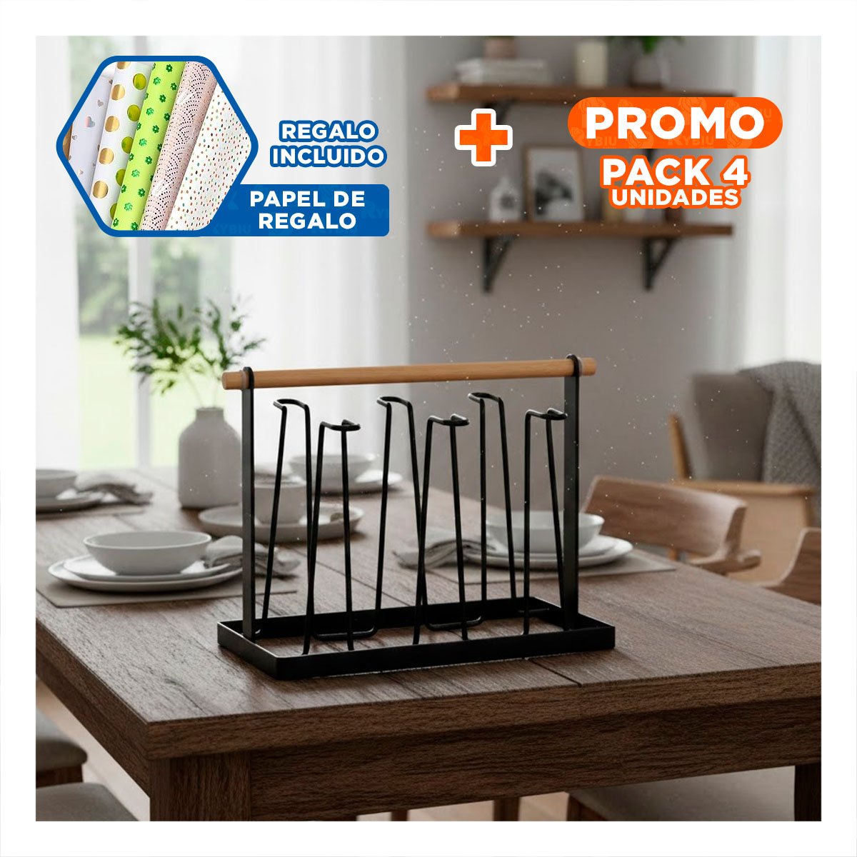 PACK4 PORTA TAZAS METALICO NEGRO 6 RAMAS CON MANGO MADERA Y+PAPEL REGALO - 1