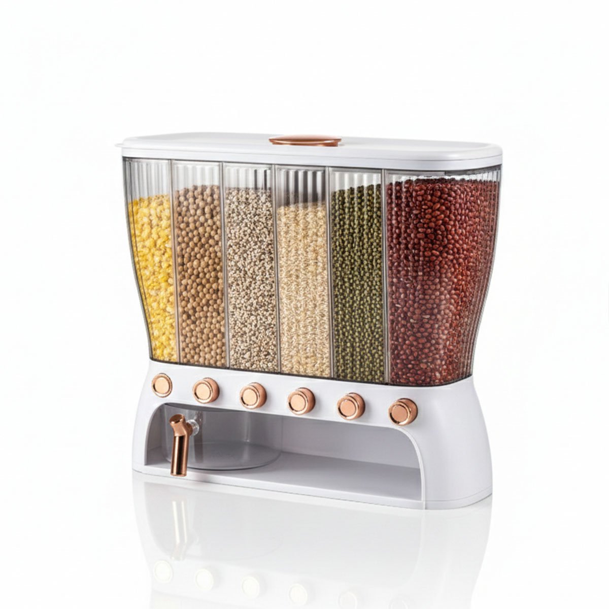 RECIPIENTE DISPENSADOR DE GRANOS COLOR BLANCO Y DORADO OVALADO 6 DIVISIONES Y+LIGAS REGALO - 3