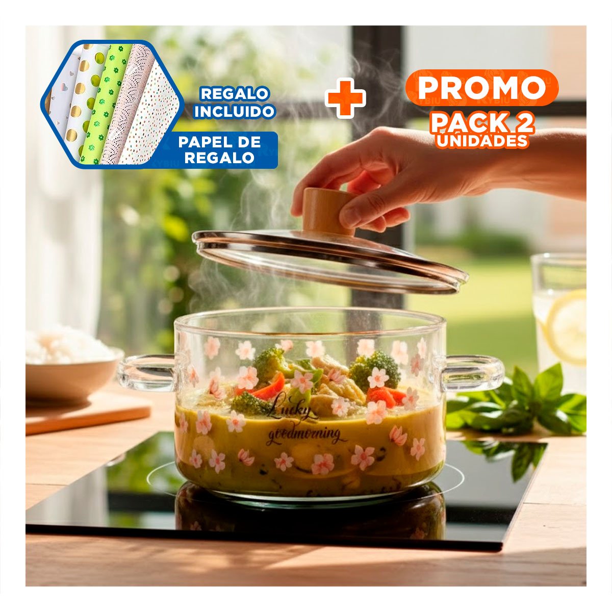PACK2 CONTENEDOR TERMORESISTENTE PARA COCINA Y SERVICIO 1,8L TRANSPARENTE Y+PAPEL REGALO - 1