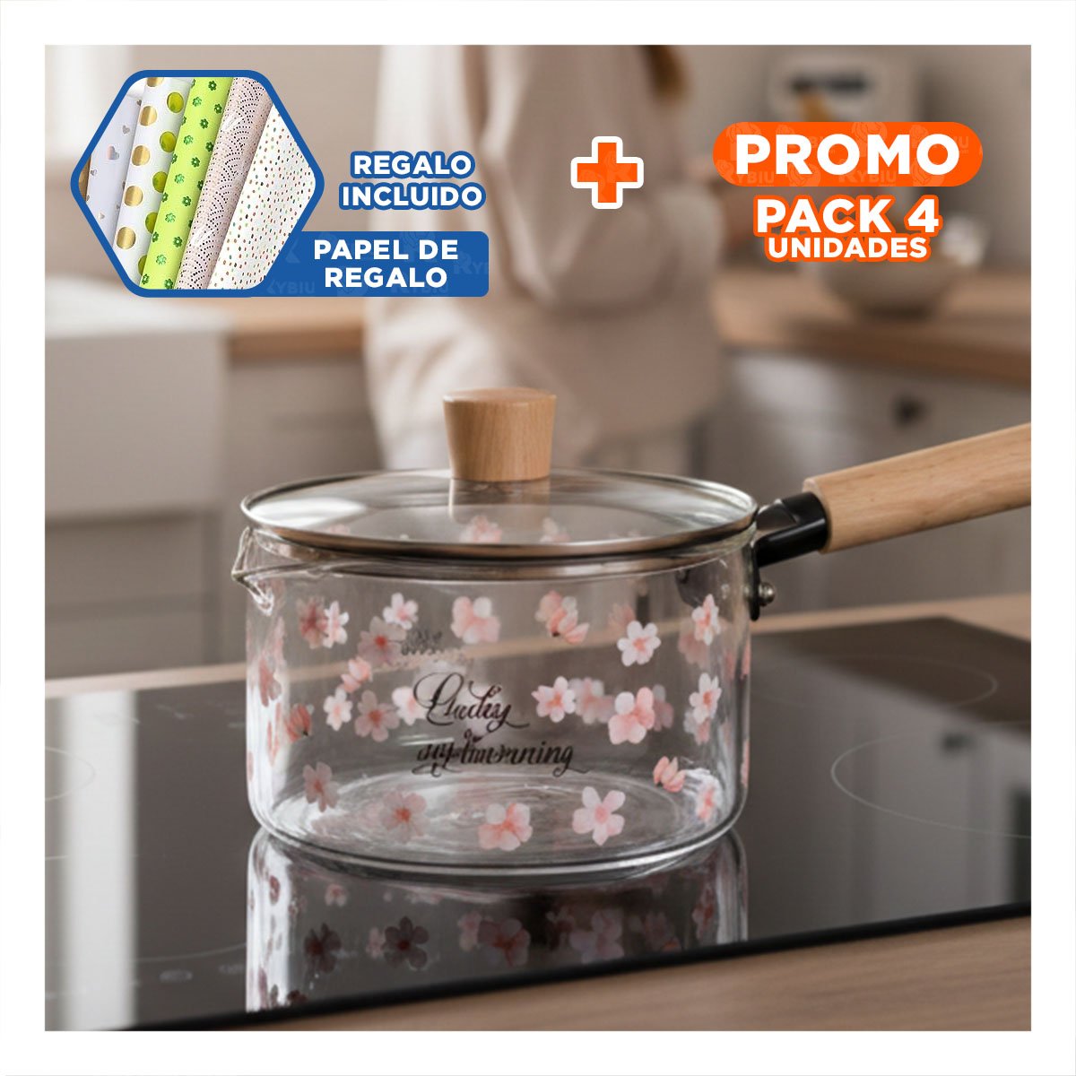 PACK4 CALDERO FUNCIONAL PARA PREPARAR Y SERVIR EN CASA TRANSPARENTE FLORES Y+PAPEL REGALO - 1