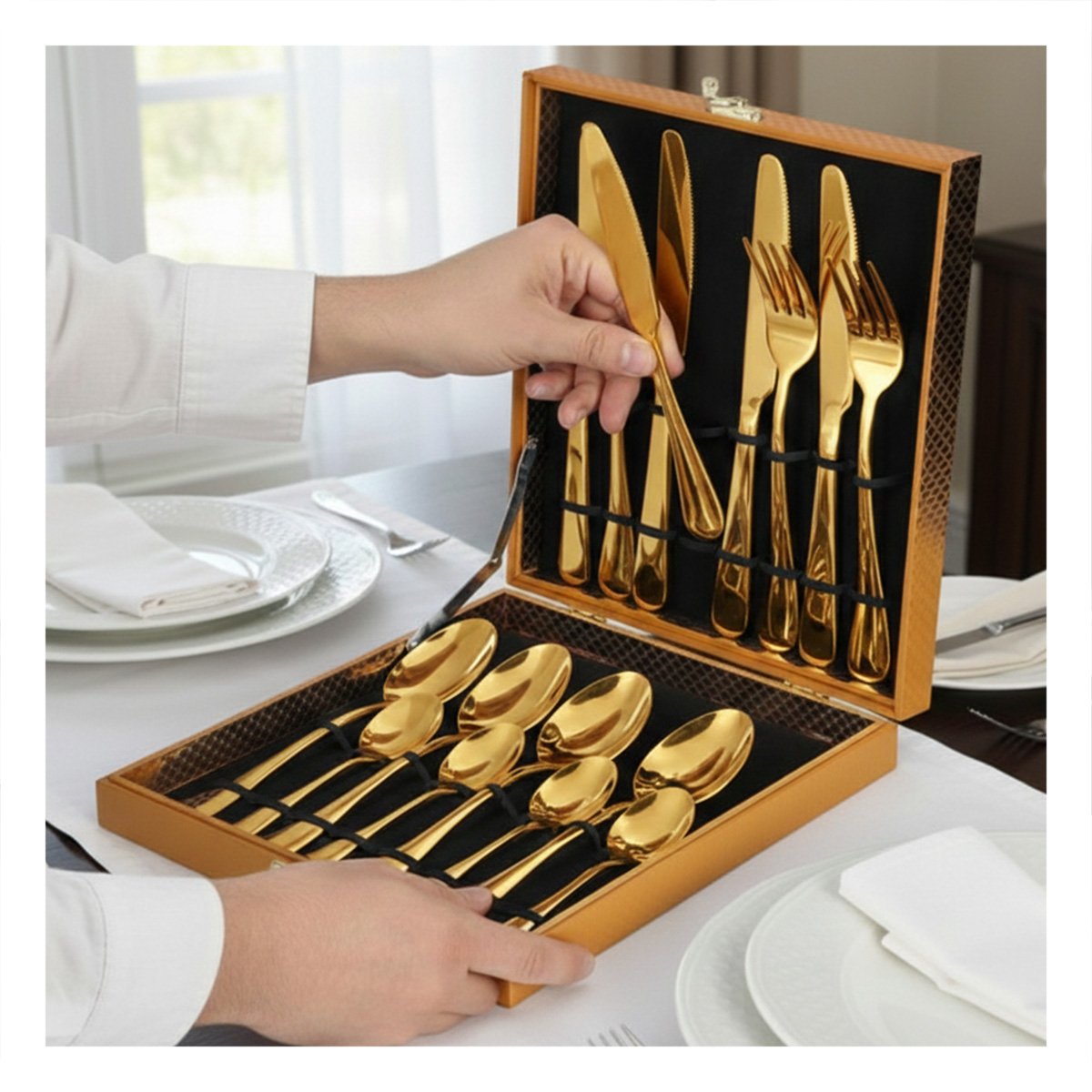 COLECCION RESIDENCIAL 16 CUBIERTOS PARA USO DIARIO DORADO Y+LIGAS REGALO - 2