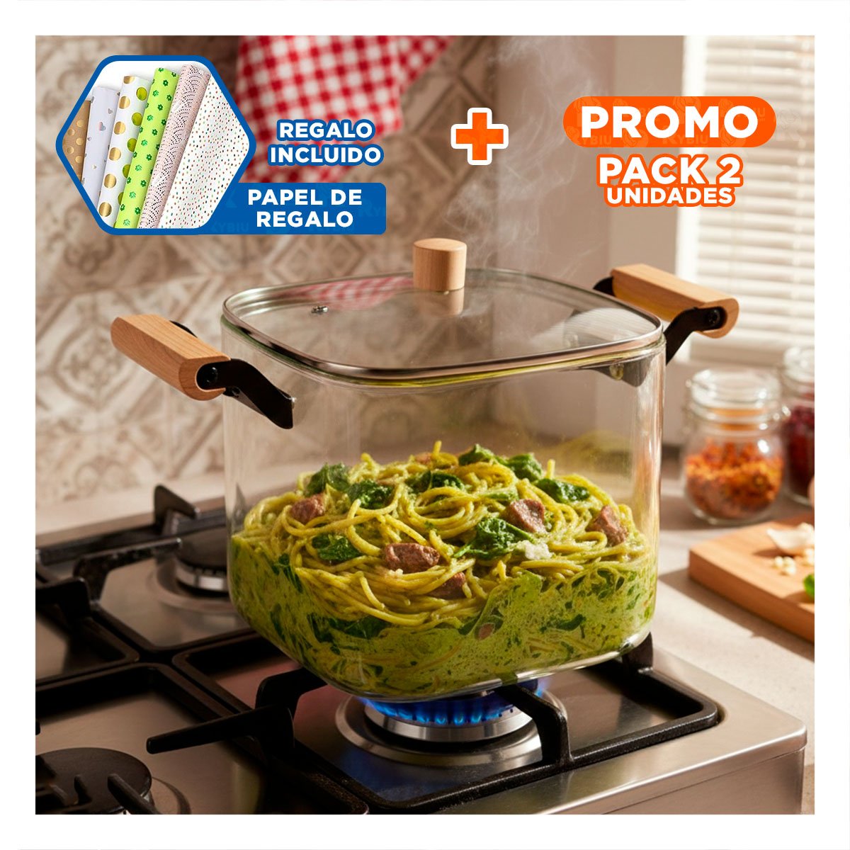 PACK2 CALDERO TRANSPARENTE AMPLIO PARA COCINA FAMILIAR 5500ML Y+PAPEL REGALO - 1