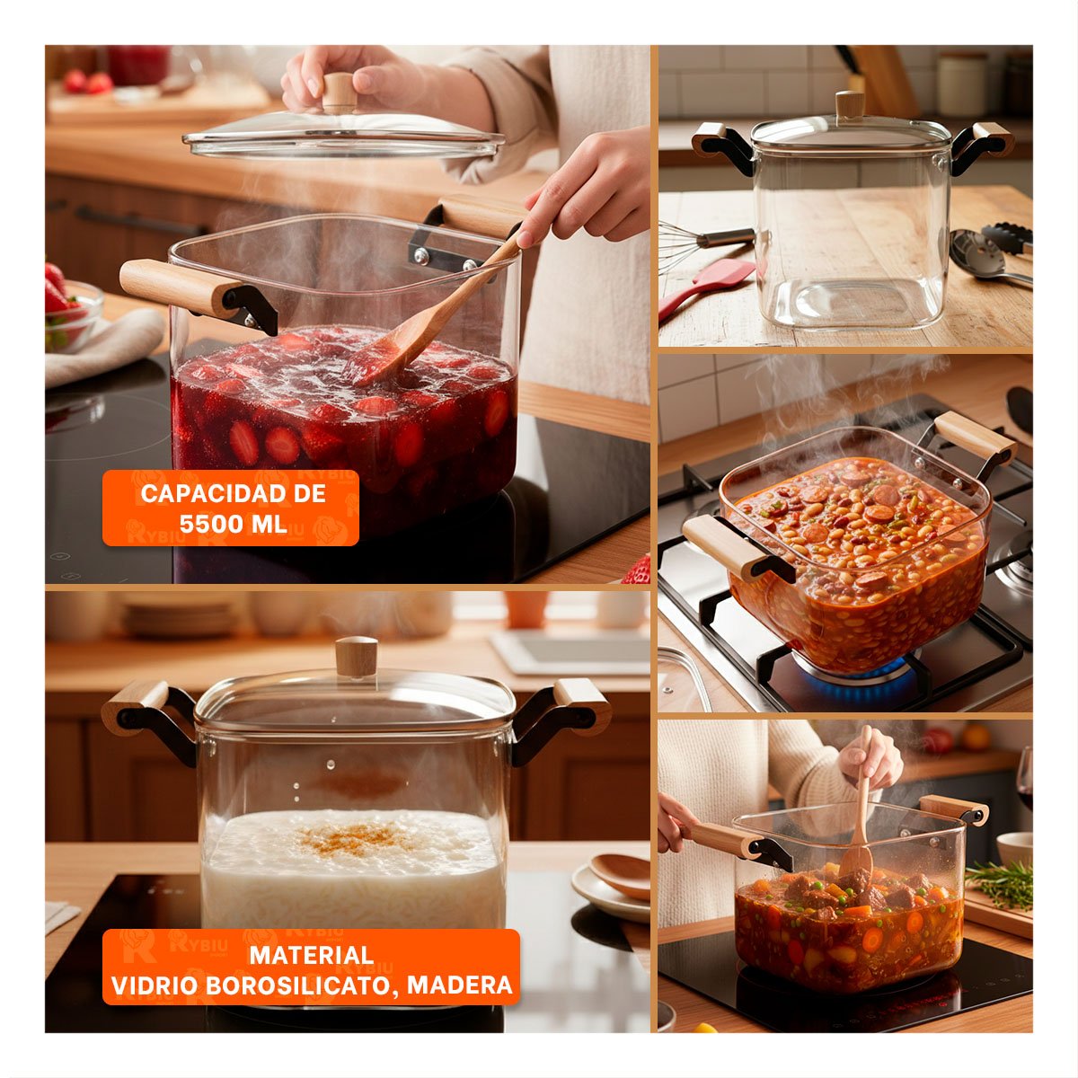 CAZUELA DE VIDRIO CON TAPA DE BOROSILICATO Y ASA DE MADERA 5500ML TRANSPARENTE - 5