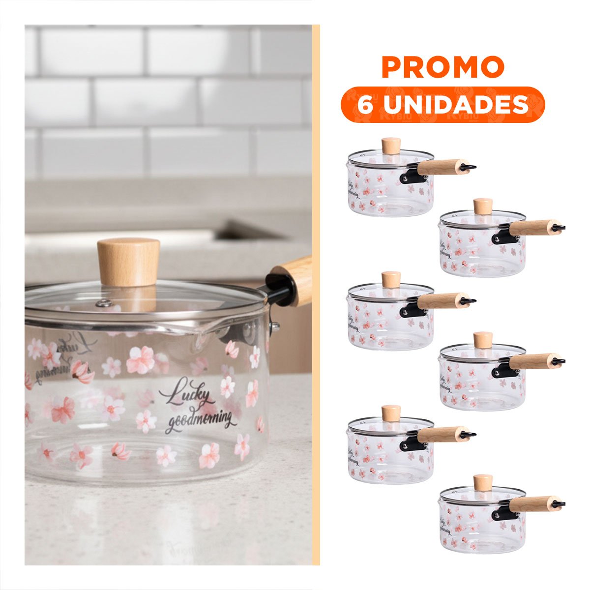 PACK6 MARMITA DE VIDRIO CON TAPA DE BOROSILICATO Y ASA LARGA DE MADERA TRANSPARENTE FLORES - 1