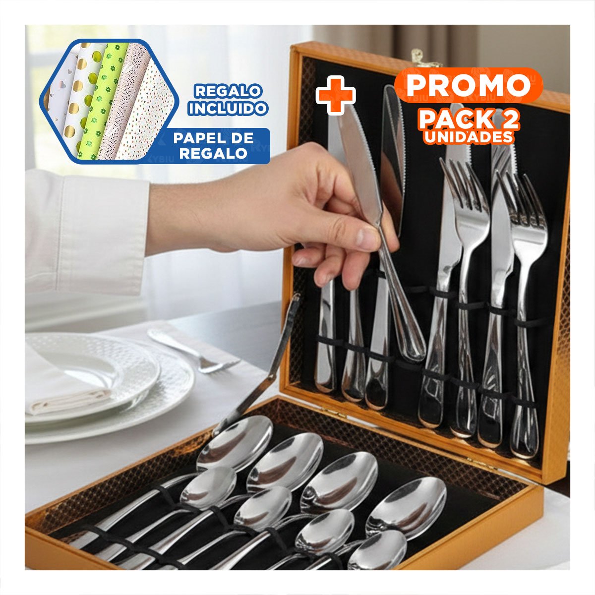 PACK2 ESTUCHE PREMIUM CON 16 PIEZAS PARA SERVICIO HOGAR PLATEADO Y+PAPEL REGALO - 1