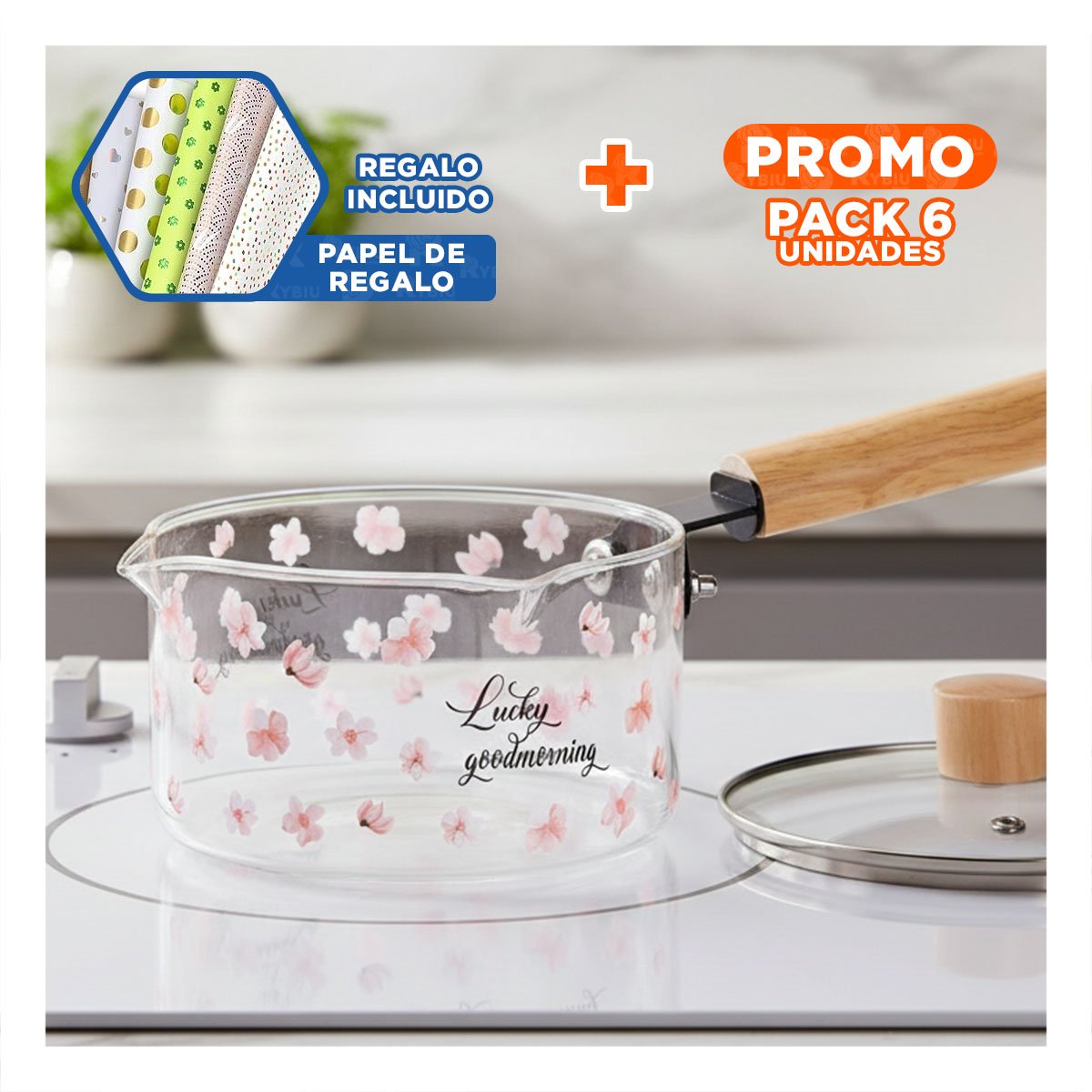 PACK6 MARMITA DECORATIVA PARA COCINA Y MESA TRANSPARENTE FLORES Y+PAPEL REGALO - 1