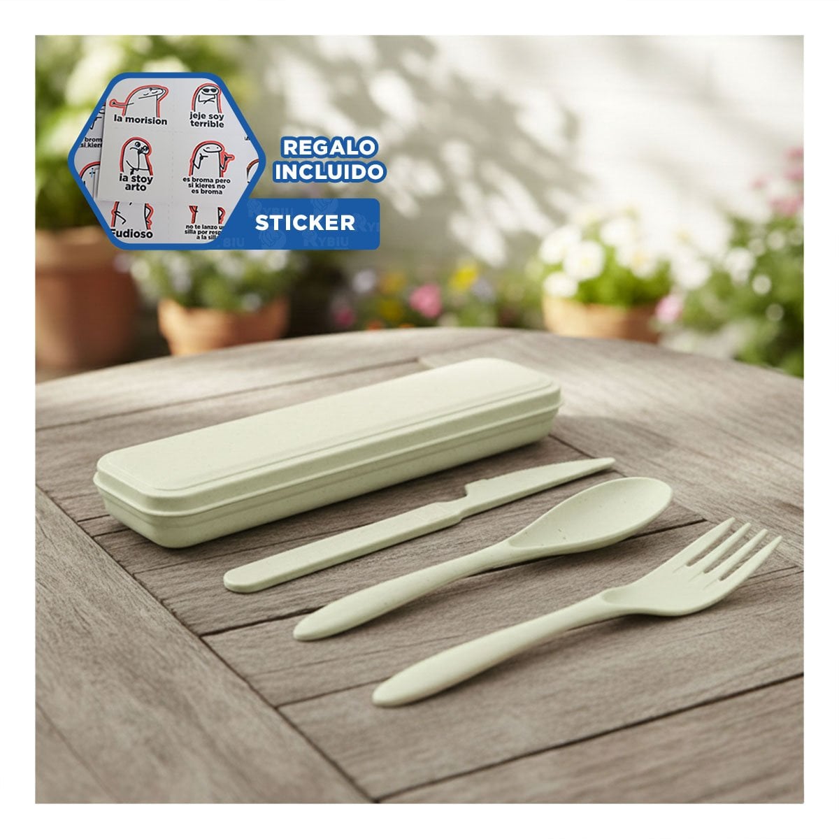 SET 3 PIEZAS DE CUBIERTOS REUTILIZABLES CON ESTUCHE VERDE Y+REGALO STICKER - 1