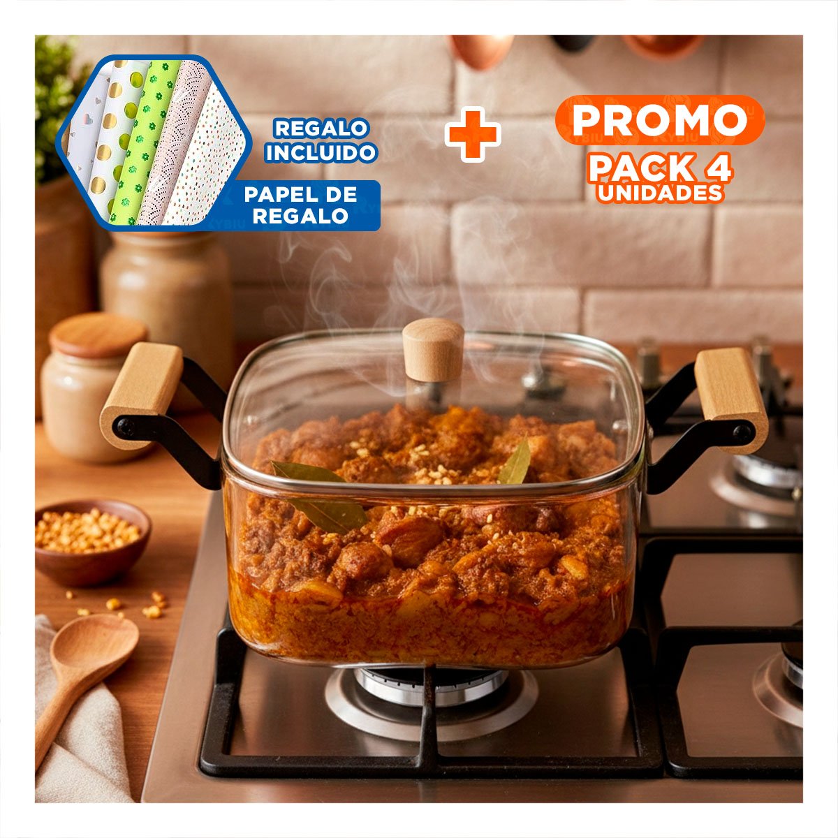 PACK4 HERVIDOR DE COCINA CON ACABADO EN MADERA Y CUERPO TRANSPARENTE 3500ML Y+PAPEL REGALO - 1