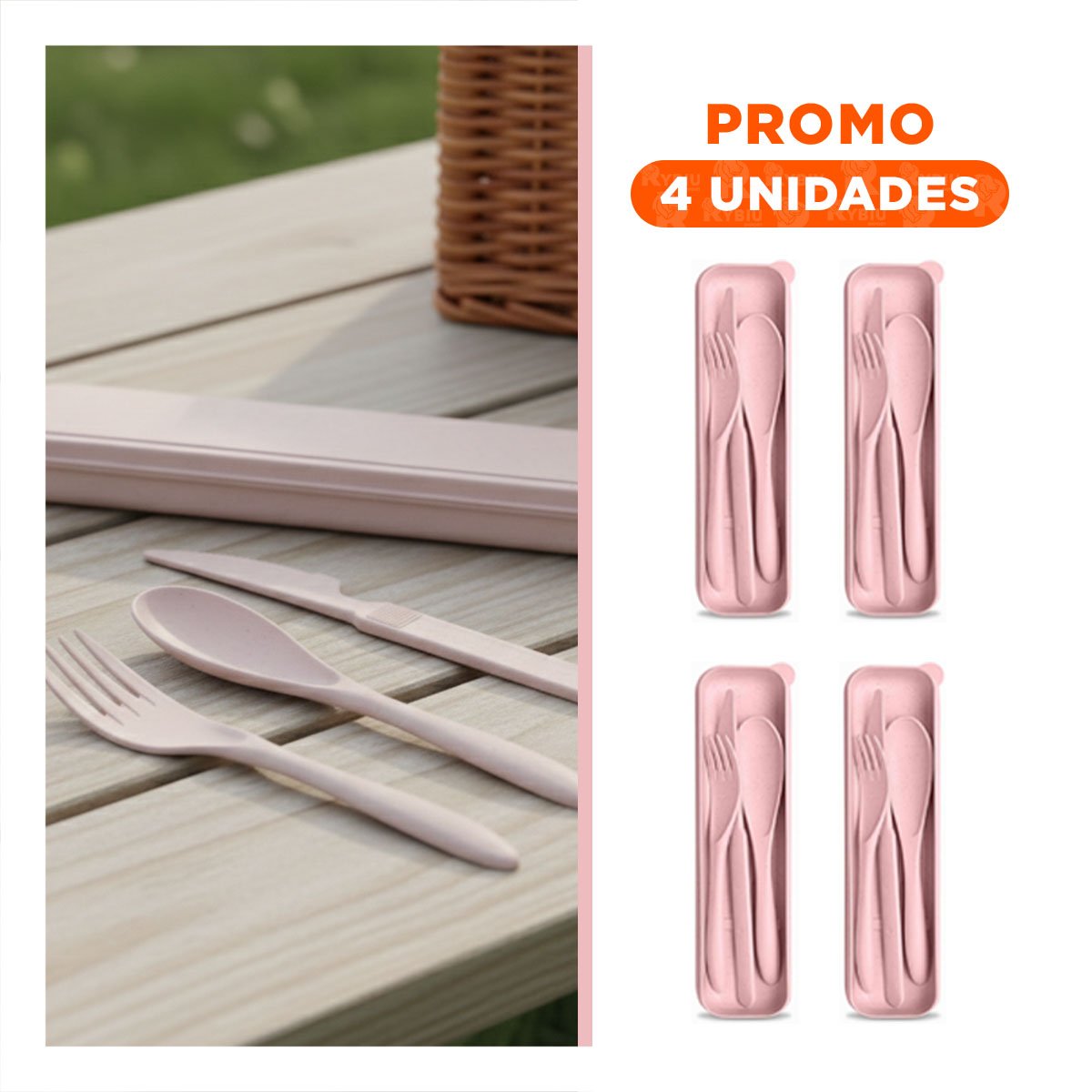 PACK4 SET DE 3 CUBIERTOS CON ESTUCHE PORTATIL ELEGANTE ROSADO Y+REGALO STICKER - 1