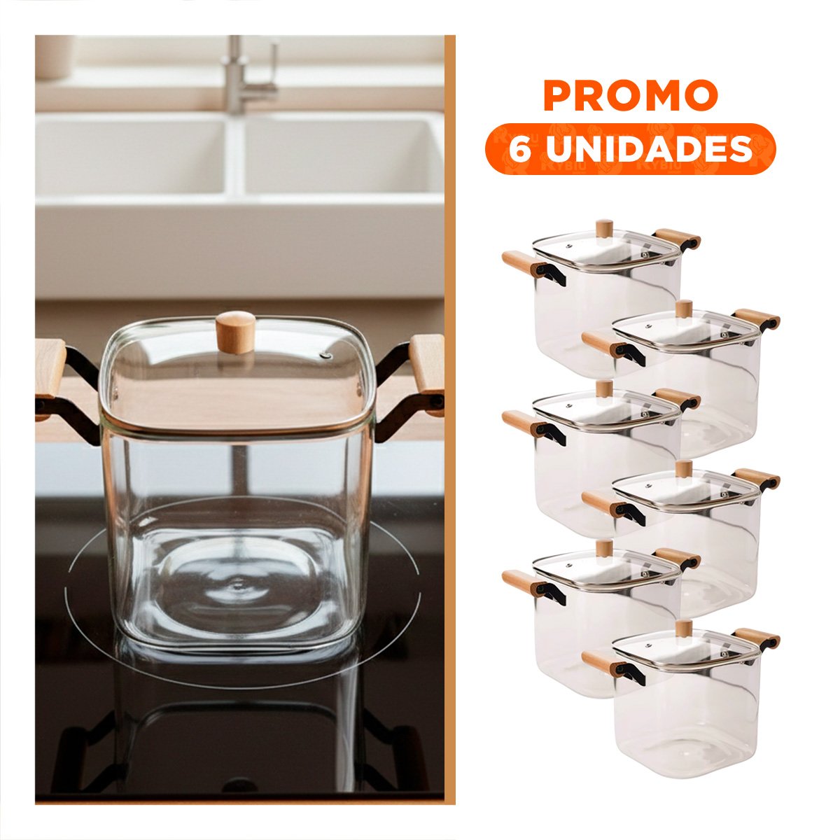 PACK6 RECIPIENTE DE VIDRIO CON TAPA DE BOROSILICATO Y ASA DE MADERA 5500ML TRANSPARENTE - 1