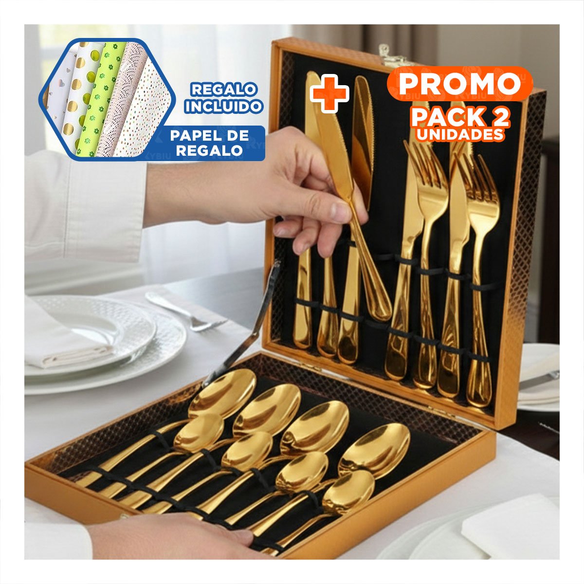 PACK2 SET 16 CUBIERTOS DISEÑO MODERNO PARA COMEDOR DORADO Y+PAPEL REGALO - 1