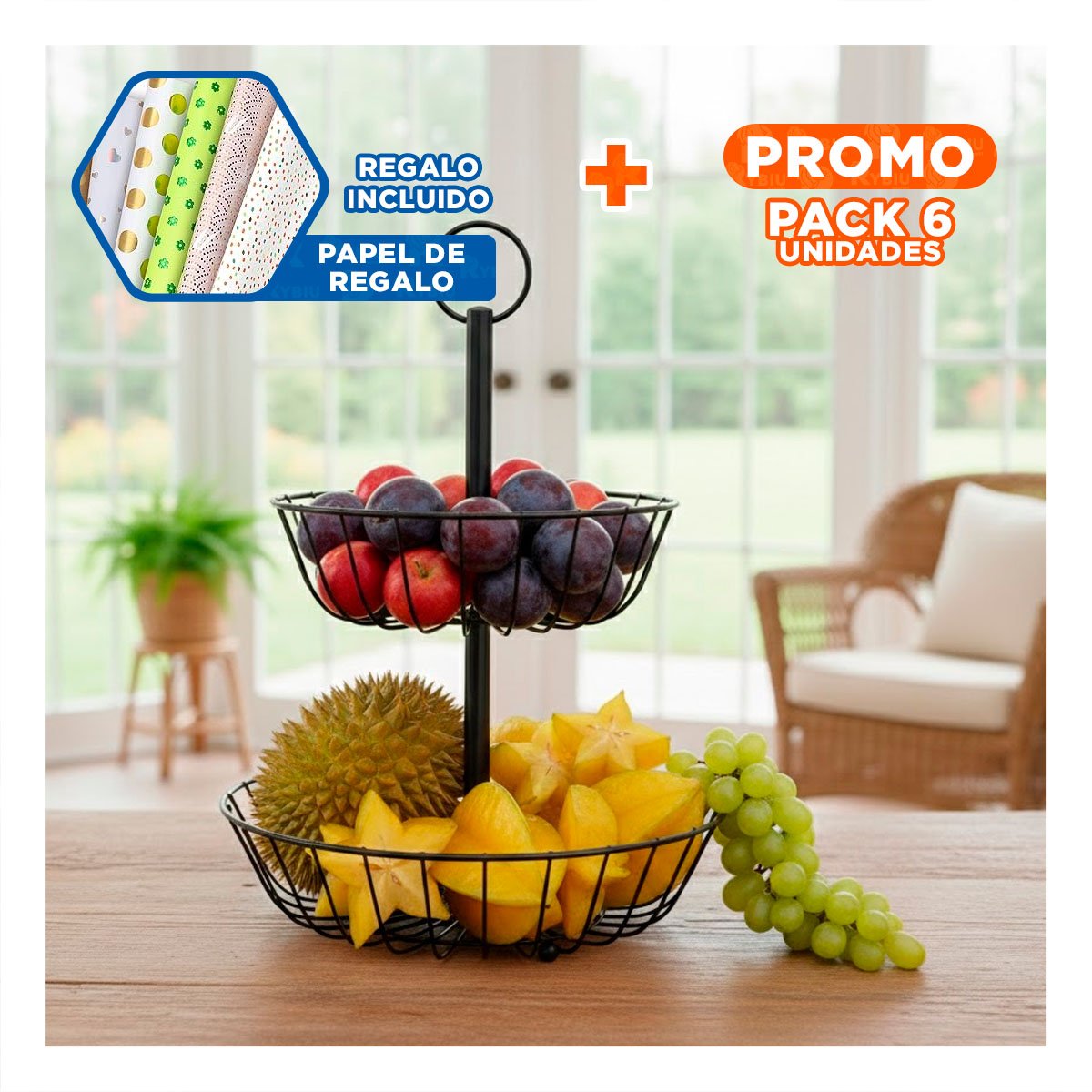 PACK6 PORTA FRUTAS METALICO 2 NIVELES CIRCULAR NEGRO ELEGANTE Y+PAPEL REGALO - 1