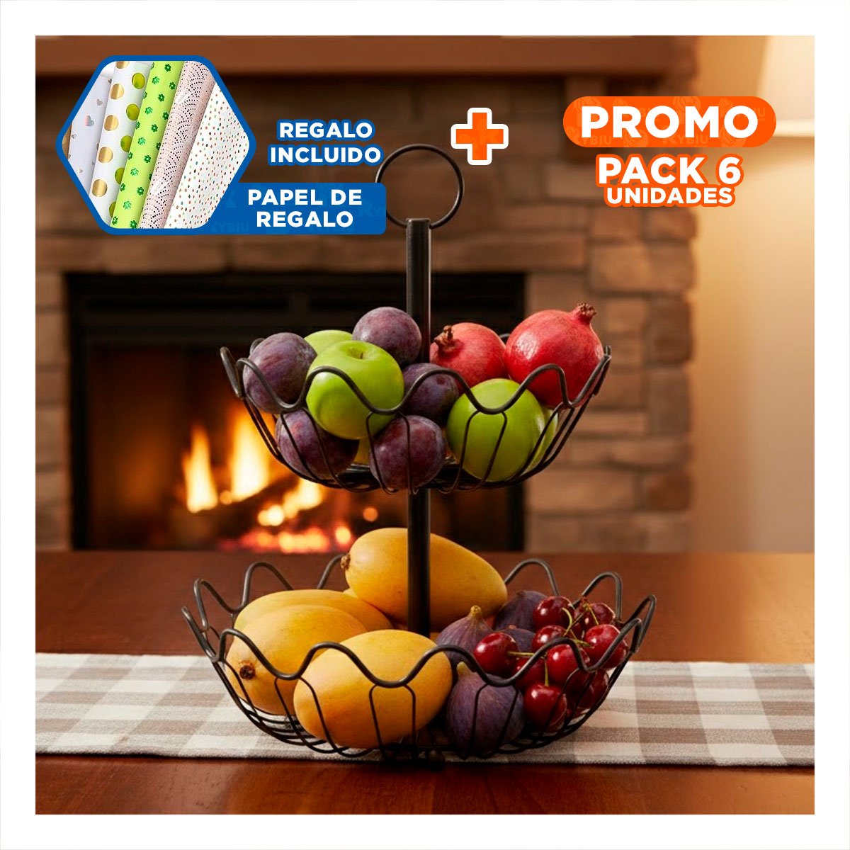 PACK6 PORTA FRUTAS METALICO 2 NIVELES CIRCULAR ONDAS COLOR NEGRO Y+PAPEL REGALO - 1