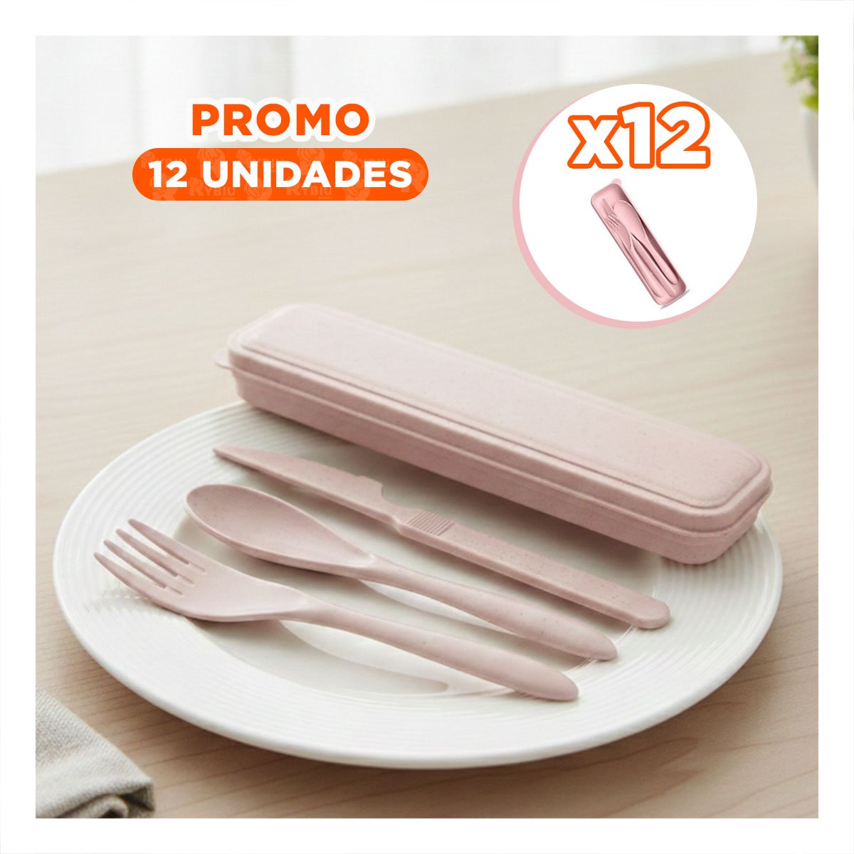 PACK12 JUEGO 3 CUBIERTOS CON ESTUCHE FUNCIONAL COMPACTO COLOR ROSADO - 1