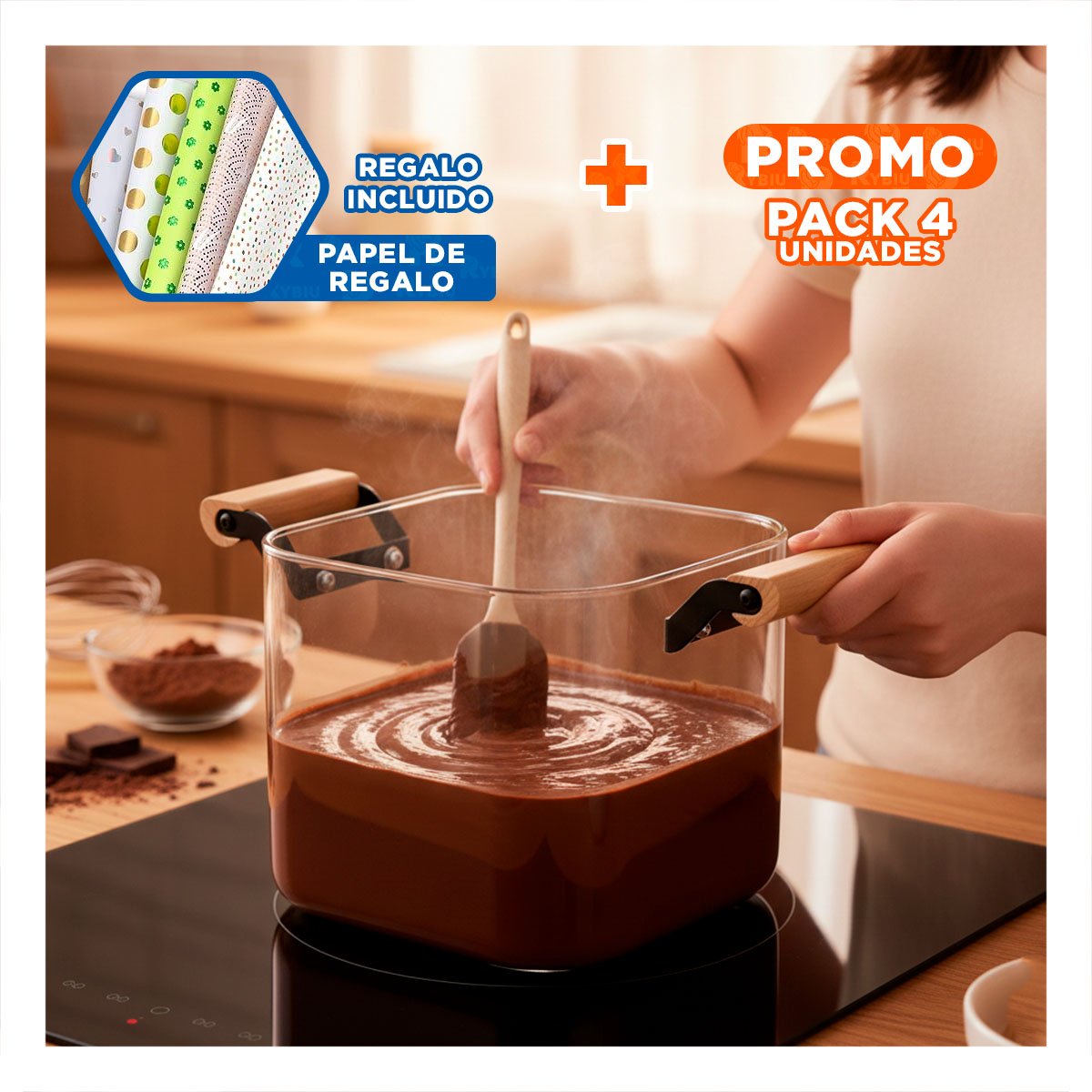 PACK4 CALDERO FUNCIONAL CON MANGO DE MADERA NATURAL 5500ML TRANSPARENTE Y+PAPEL REGALO - 1