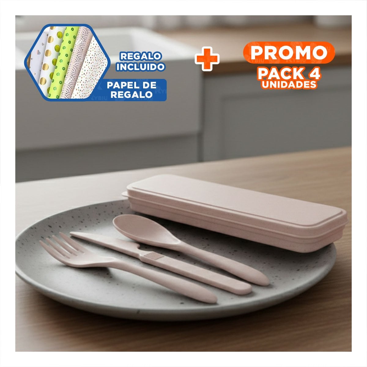 PACK4 JUEGO 3 CUBIERTOS REUTILIZABLES CON ESTUCHE RIGIDO Y SEGURO ROSADO Y+PAPEL REGALO - 1