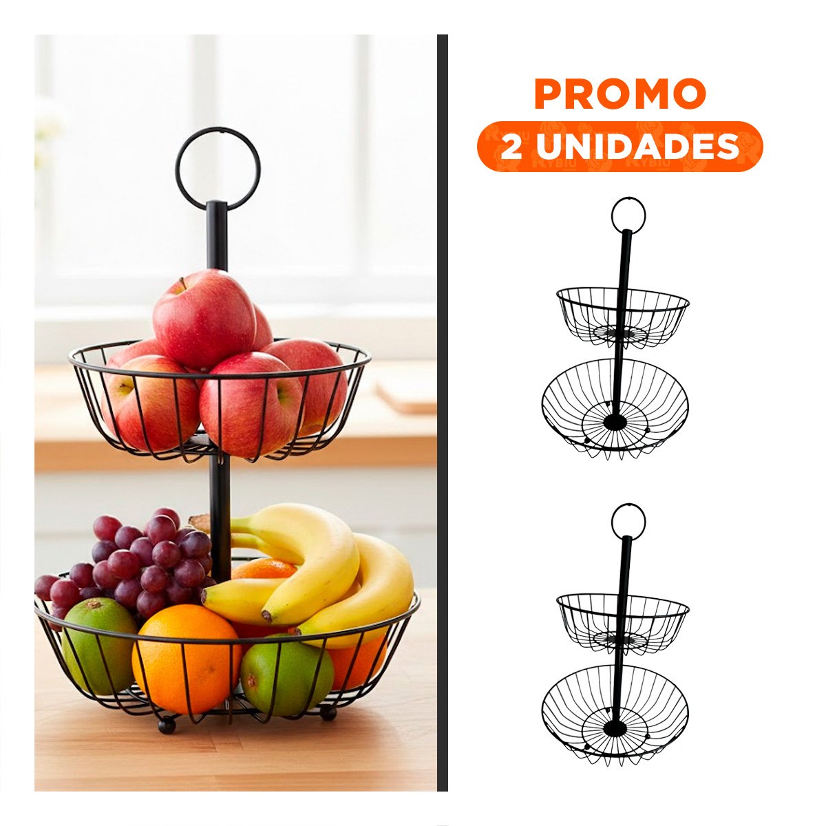 PACK2 FRUTERO CIRCULAR DE 2 NIVELES METAL NEGRO MODERNO - 1