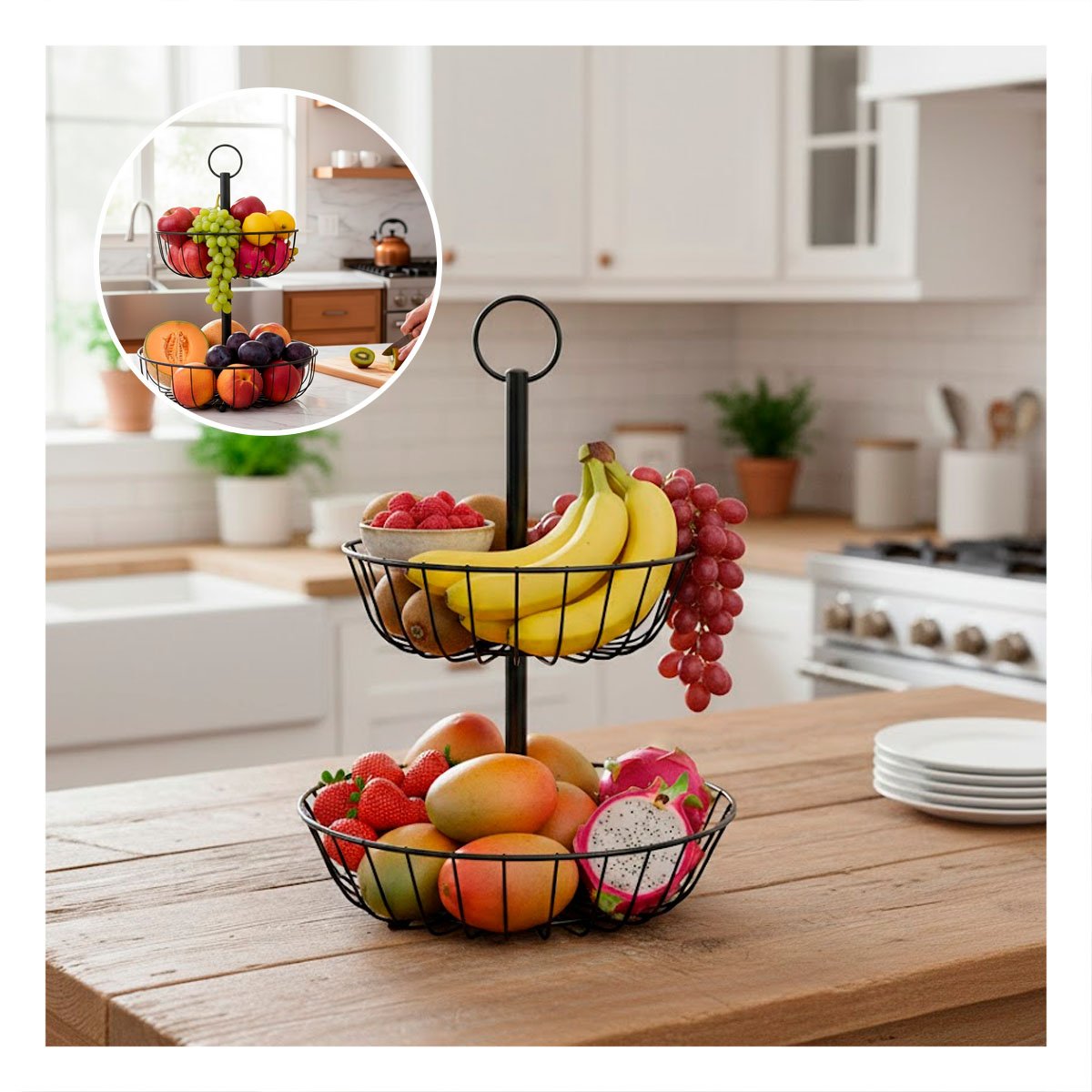 PACK2 FRUTERO CIRCULAR DE 2 NIVELES METAL NEGRO MODERNO - 5