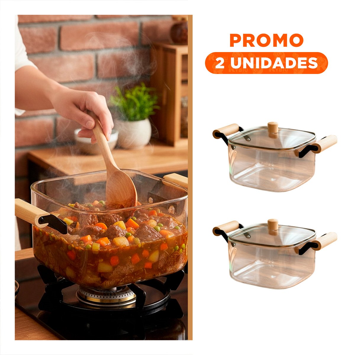 PACK2 HERVIDOR CON TAPA DE BOROSILICATO Y ASA DE MADERA 3500ML TRANSPARENTE - 1