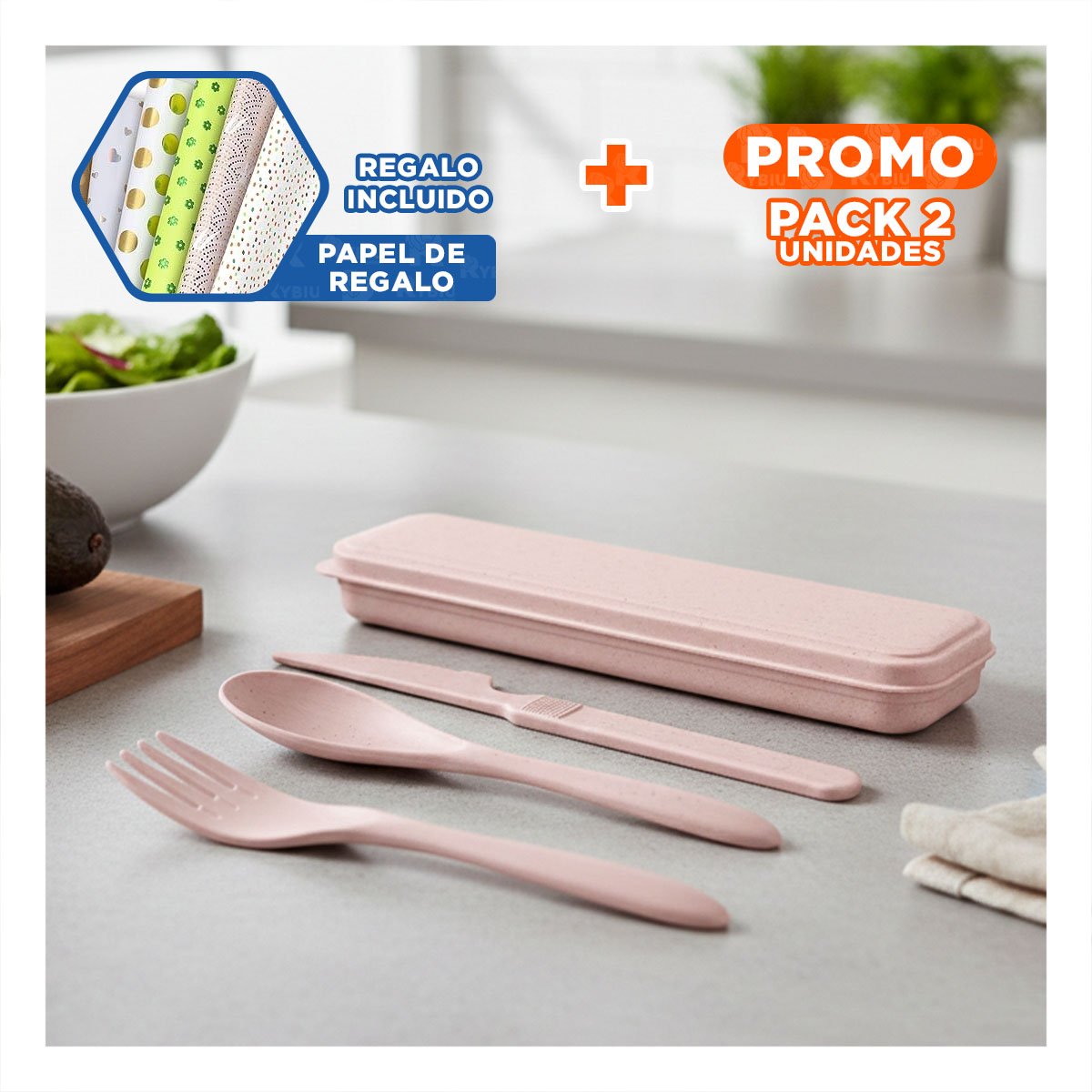 PACK2 KIT 3 CUBIERTOS PORTATILES CON ESTUCHE SEGURO Y COMPACTO ROSADO Y+PAPEL REGALO - 1