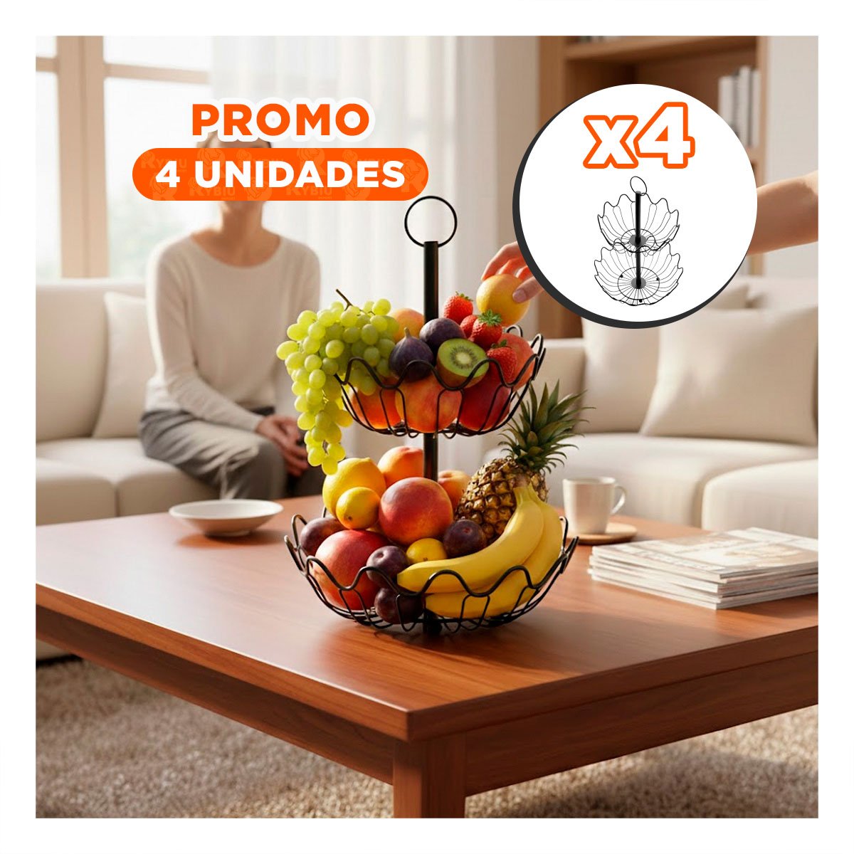PACK4 CANASTA FRUTERO 2 NIVELES CIRCULAR ONDAS COLOR NEGRO - 1