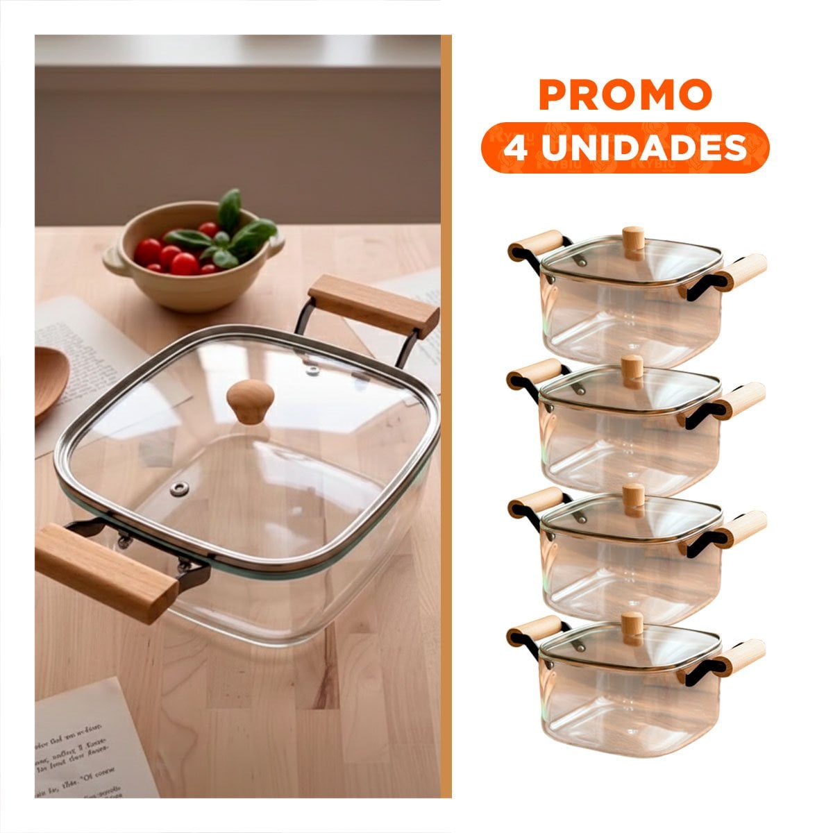 PACK4 ENVASE DE BOROSILICATO CON TAPA Y ASA DE MADERA 3500ML TRANSPARENTE Y+REGALO STICKER - 1