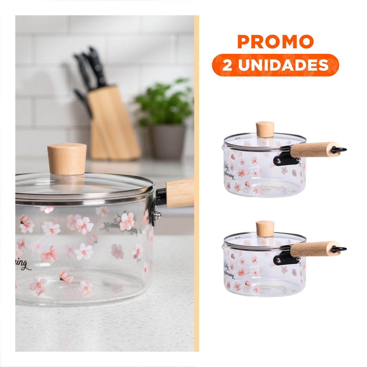 PACK2 CALDERO DE VIDRIO CON DECORACION FLORAL Y MANGO LARGO TRANSPARENTE FLORES - 1