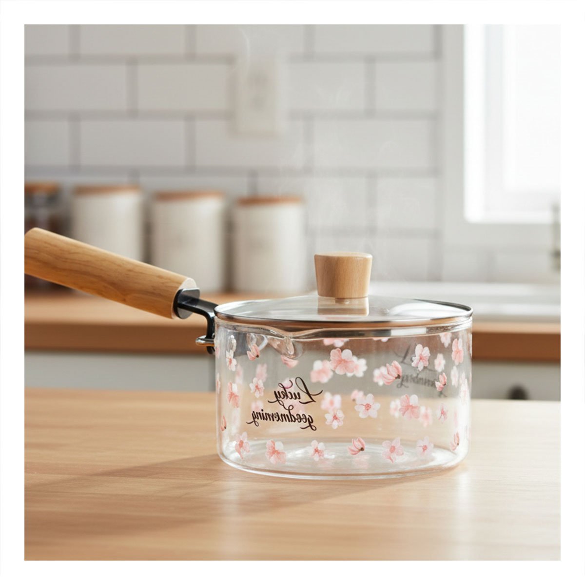 PACK2 CALDERO DE VIDRIO CON DECORACION FLORAL Y MANGO LARGO TRANSPARENTE FLORES - 3